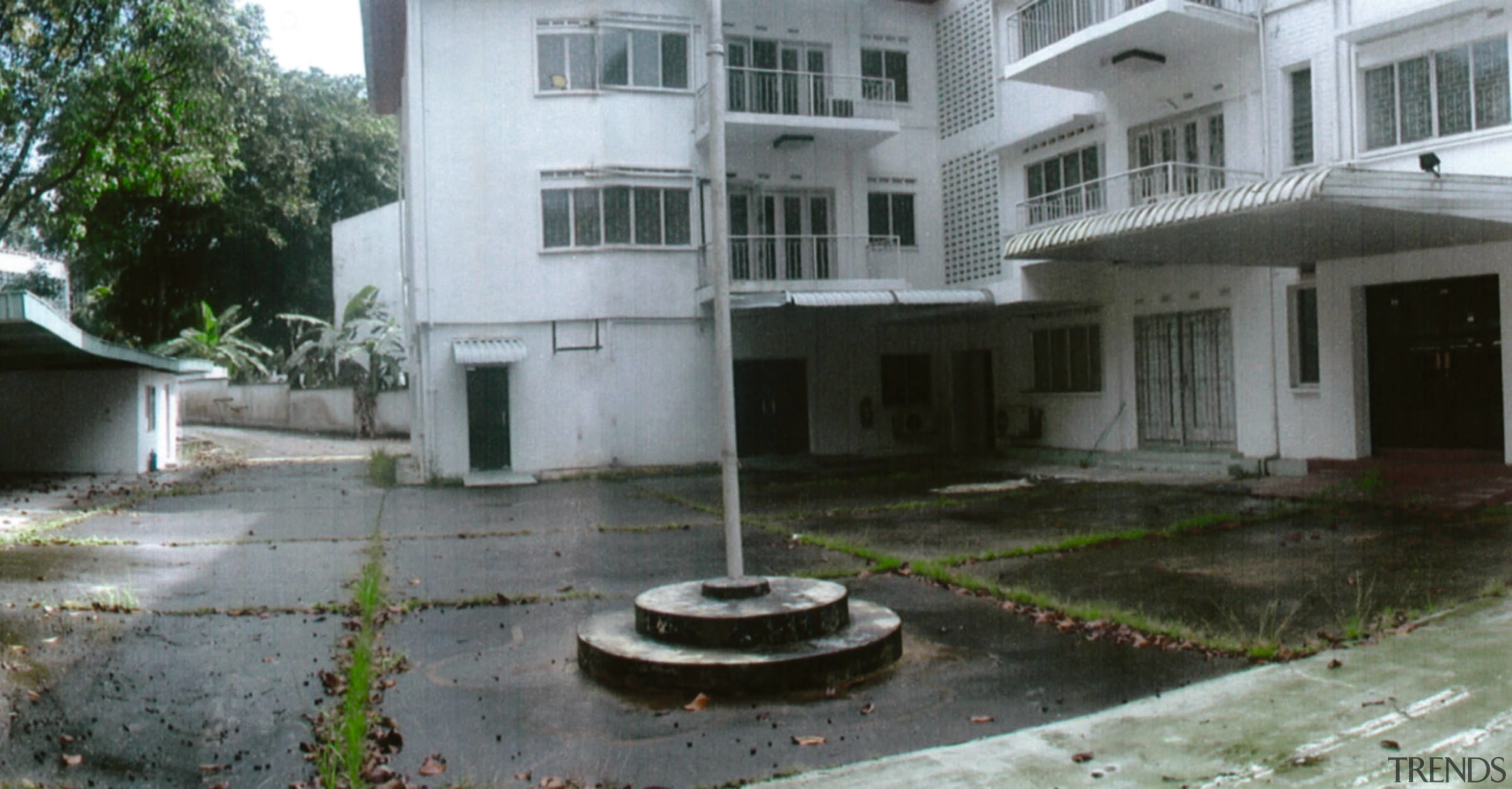 A view of the apartments before they were area, building, courtyard, estate, hacienda, home, house, property, real estate, residential area, gray, black