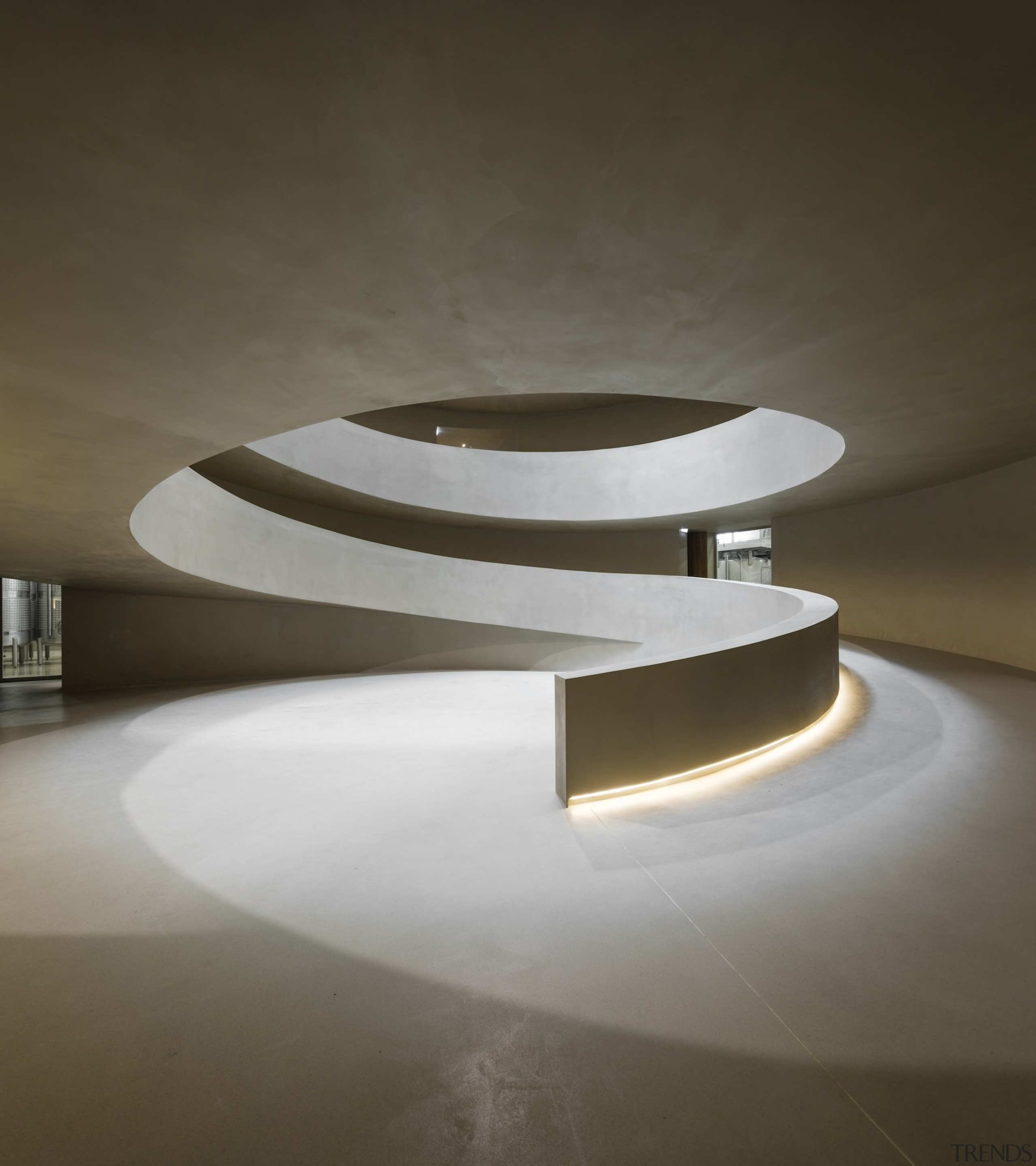 A view of the curved ramp from the architecture, daylighting, interior design, light fixture, lighting, product design, table, gray, black