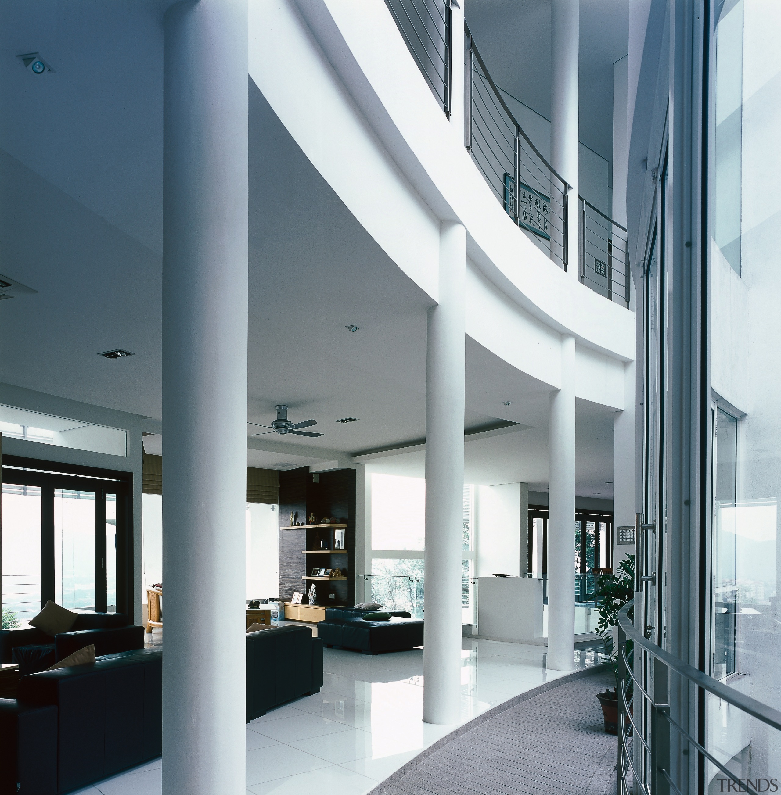 A view of the formal double height foyer, architecture, ceiling, condominium, daylighting, glass, interior design, lobby, white, gray