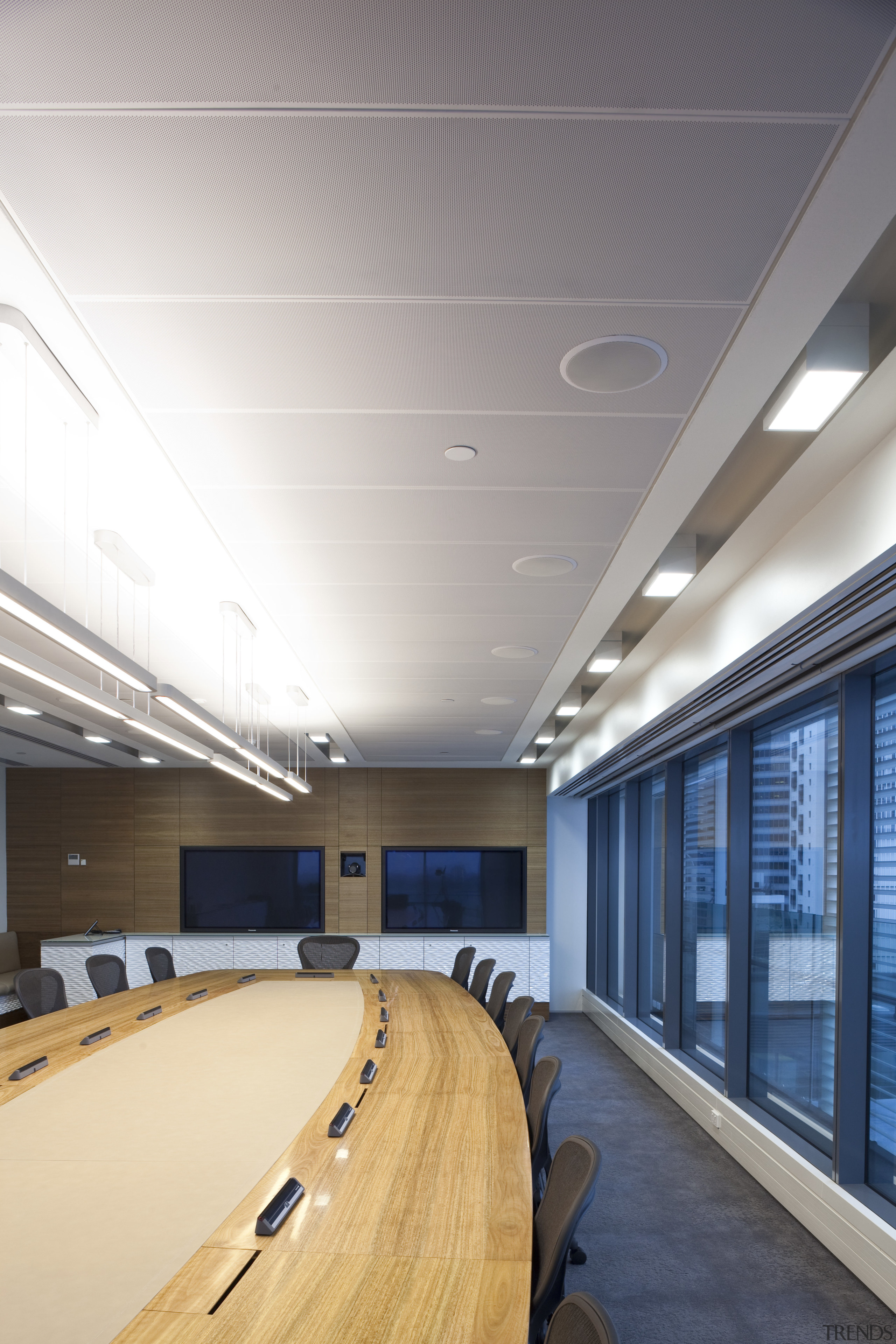 View of boardroom with dark carpet. - View architecture, ceiling, conference hall, daylighting, interior design, white, gray