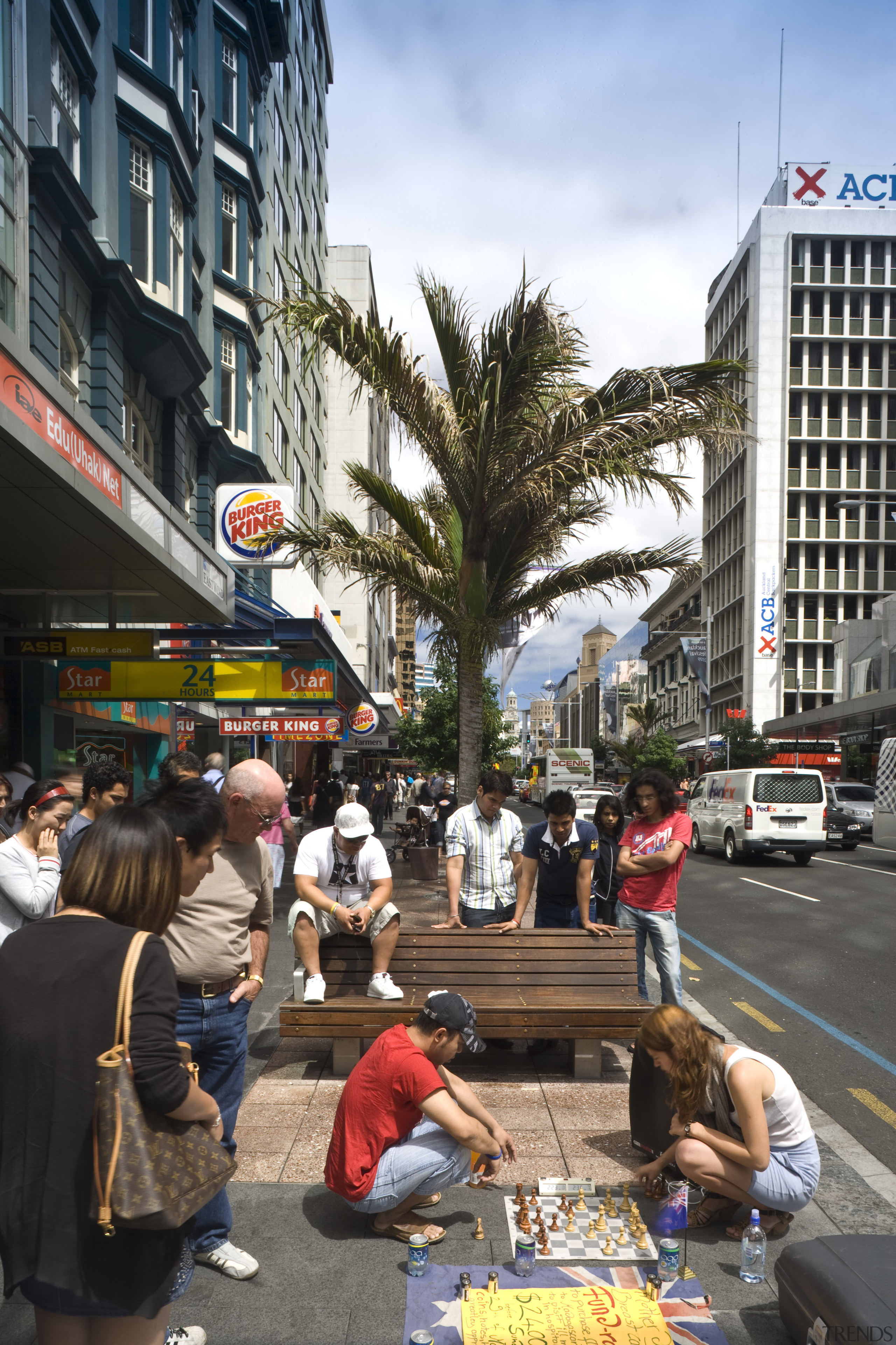 Image of the beautiful Auckland City. - Image car, city, crowd, downtown, pedestrian, street, tree, urban area, black