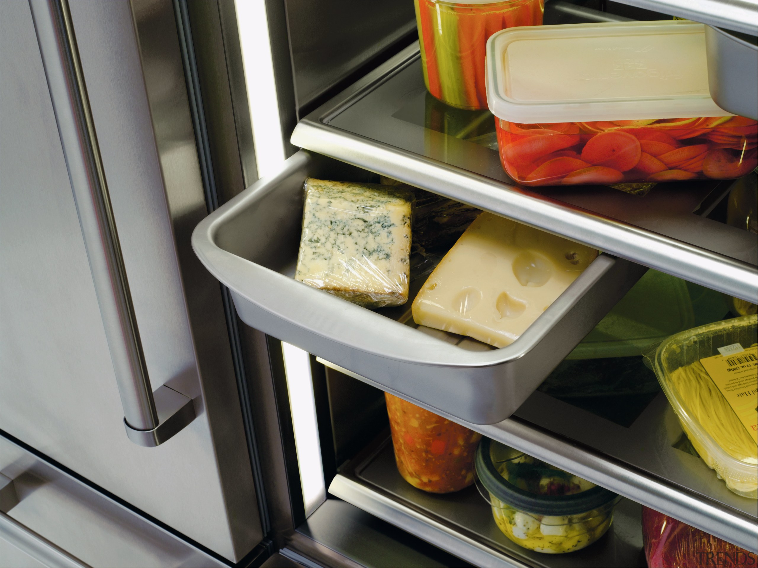 A view of the inside of the fridge. food, gray, black