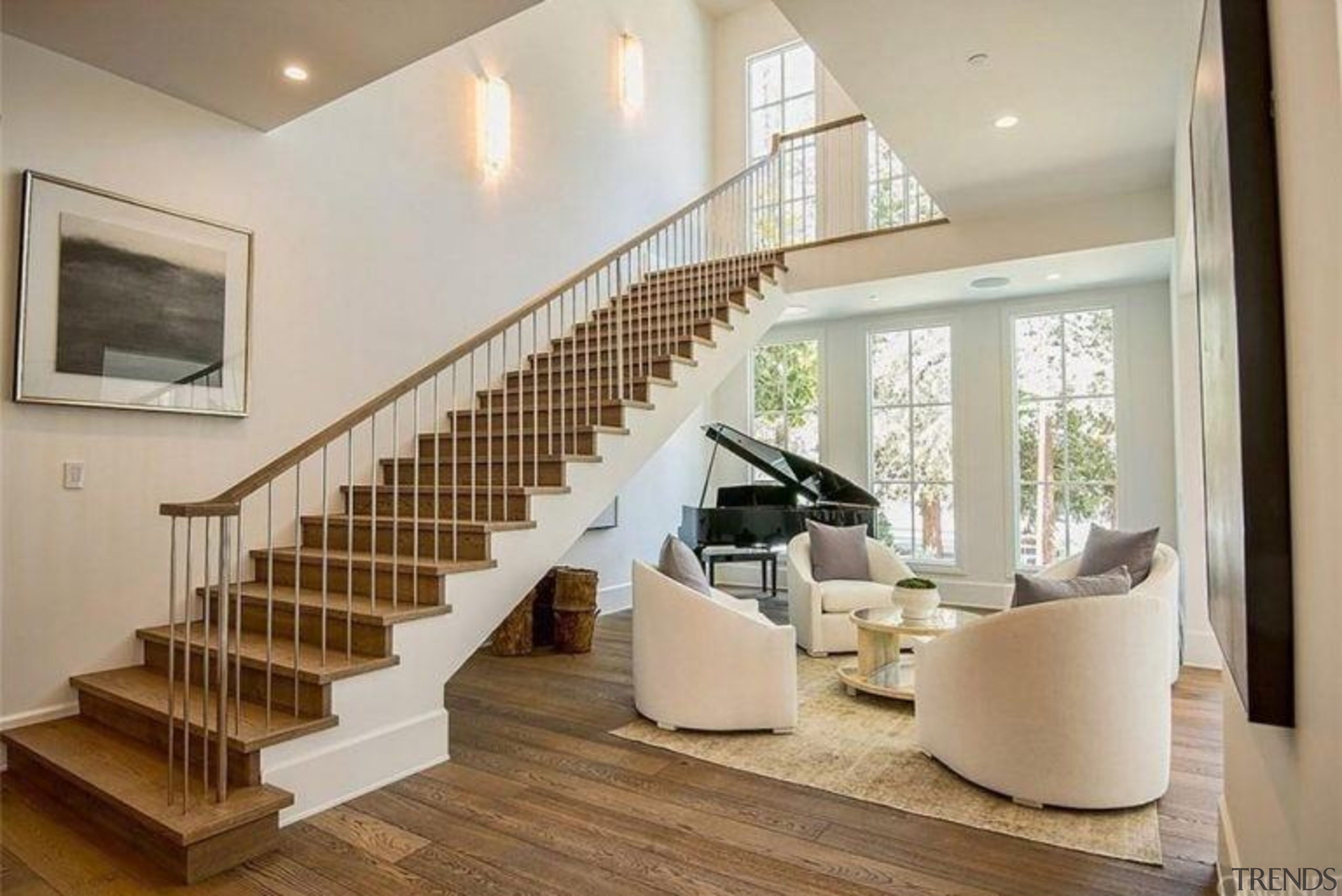The Weeknd’s massive US$19.995 million mansion - The estate, floor, flooring, handrail, interior design, living room, property, real estate, stairs, gray, brown