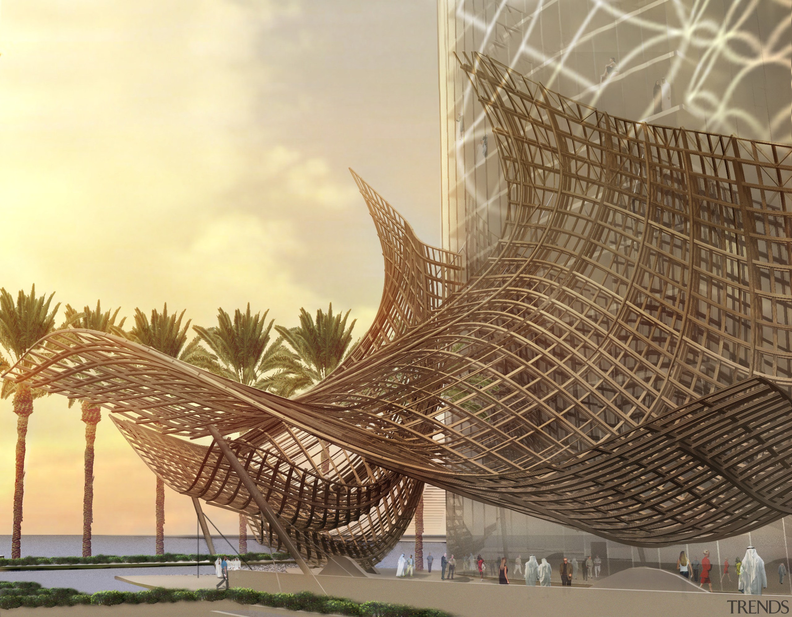 Conceptual image of a podium canopy for the architecture, brown, orange