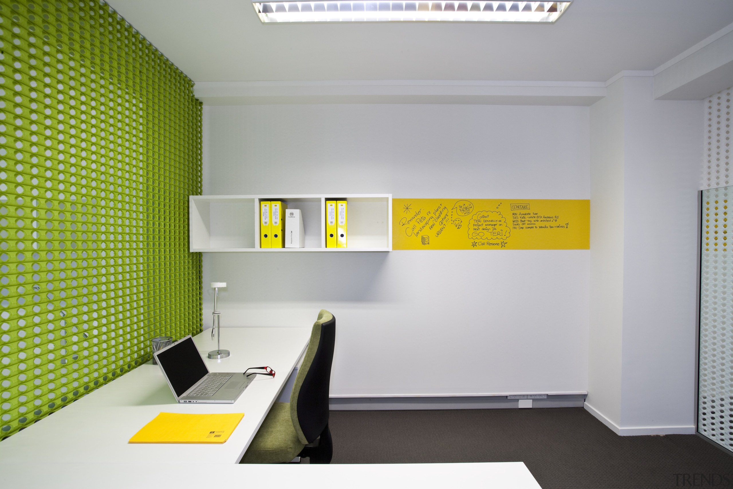 View of the office corner - View of architecture, ceiling, interior design, product design, wall, yellow, gray