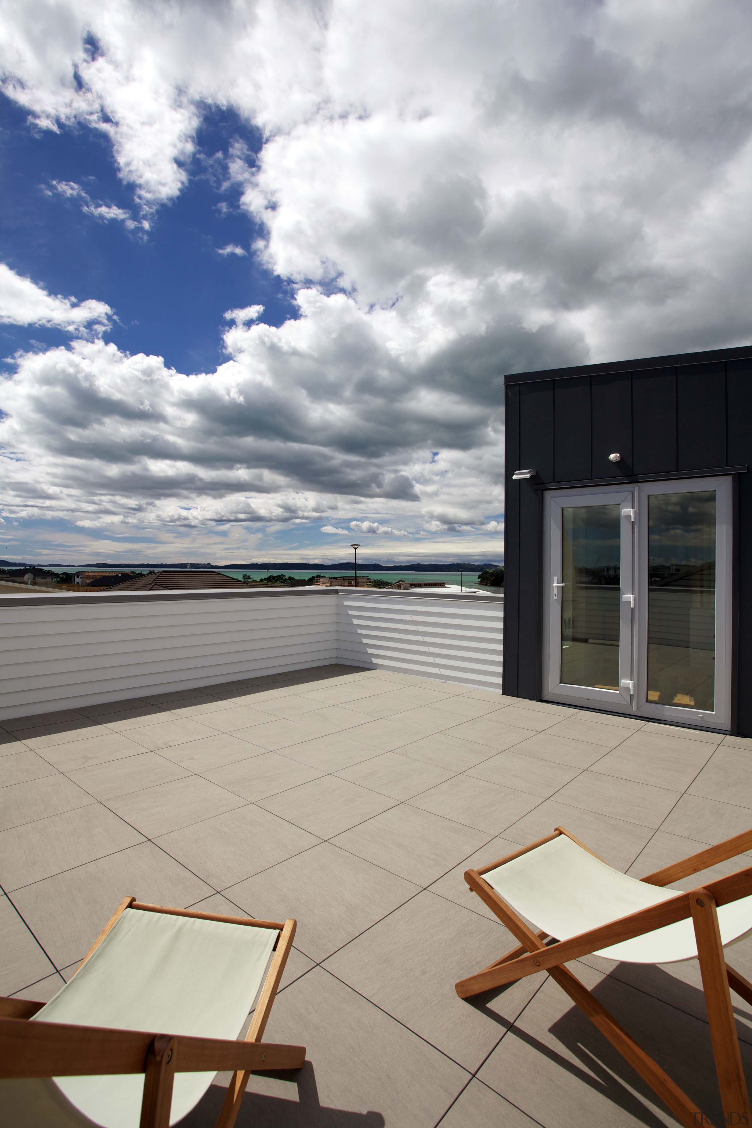 Deck Sandstone Grey tiles on the roof deck apartment, architecture, cloud, condominium, daylighting, floor, home, house, real estate, roof, sky, window, gray, white