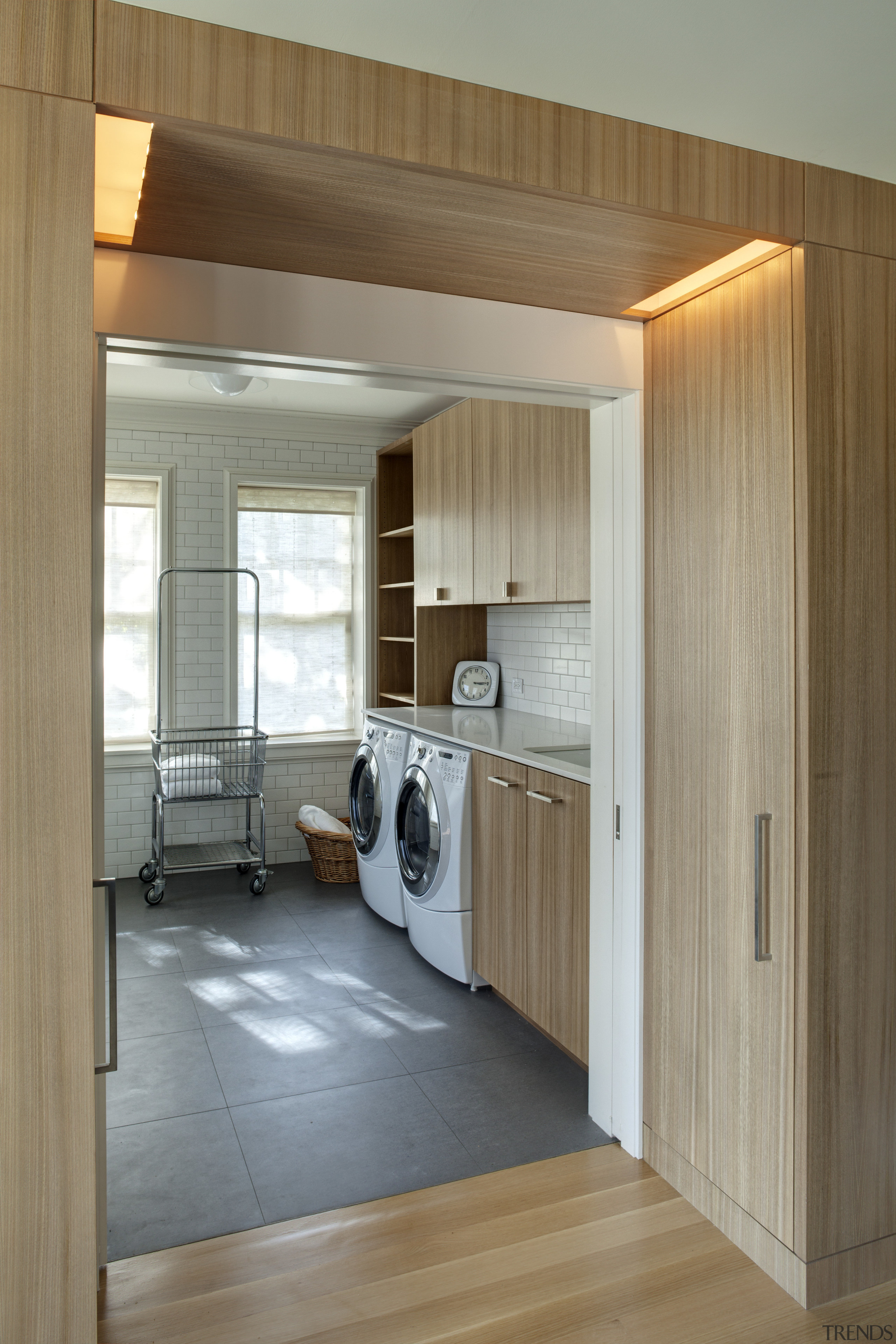 This new laundry with wood joinery was introduced architecture, cabinetry, floor, flooring, hardwood, interior design, kitchen, room, wood, wood flooring, gray, brown