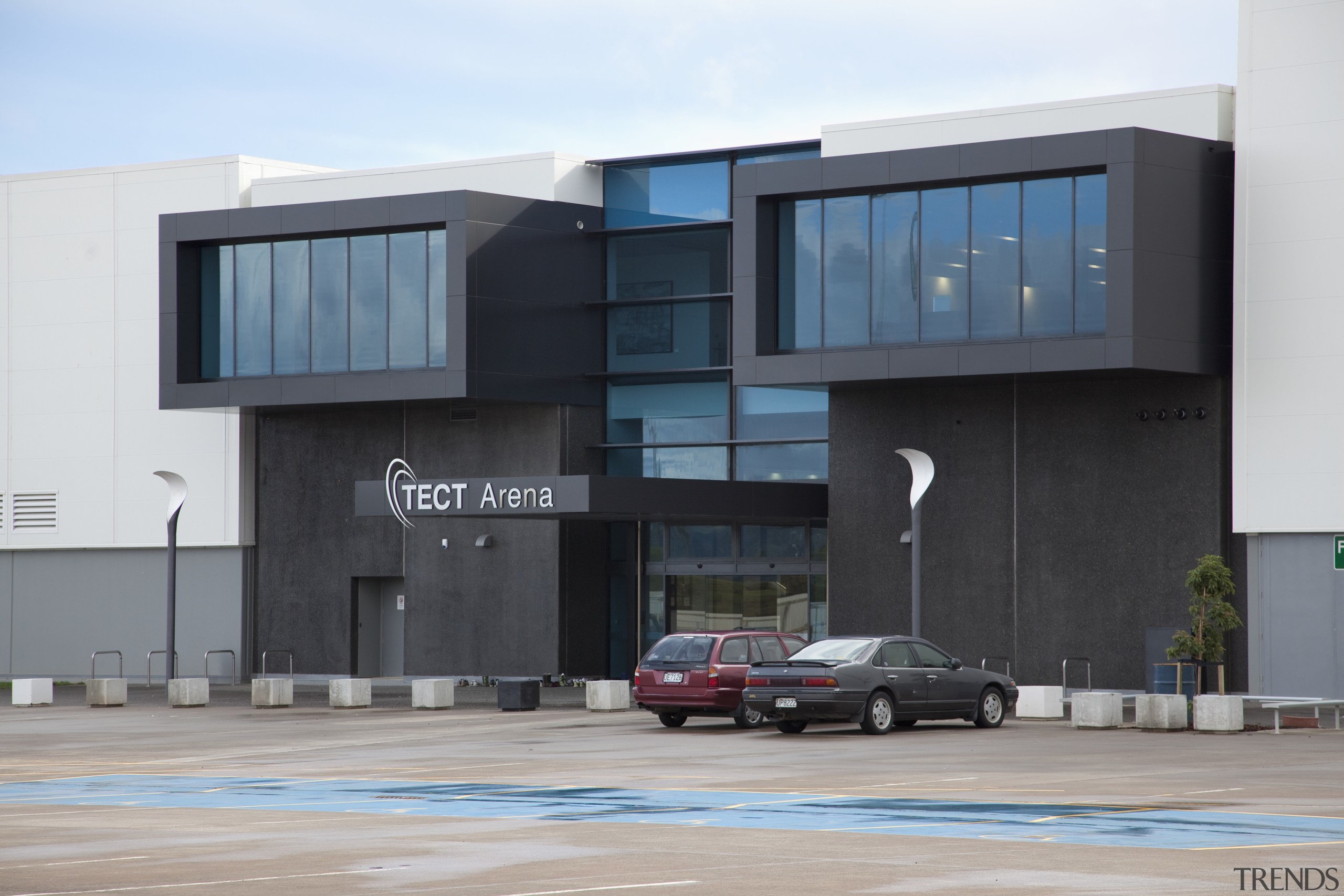 TECT Arena buiding with dark grey cladding. - architecture, building, commercial building, corporate headquarters, facade, real estate, gray, black, white