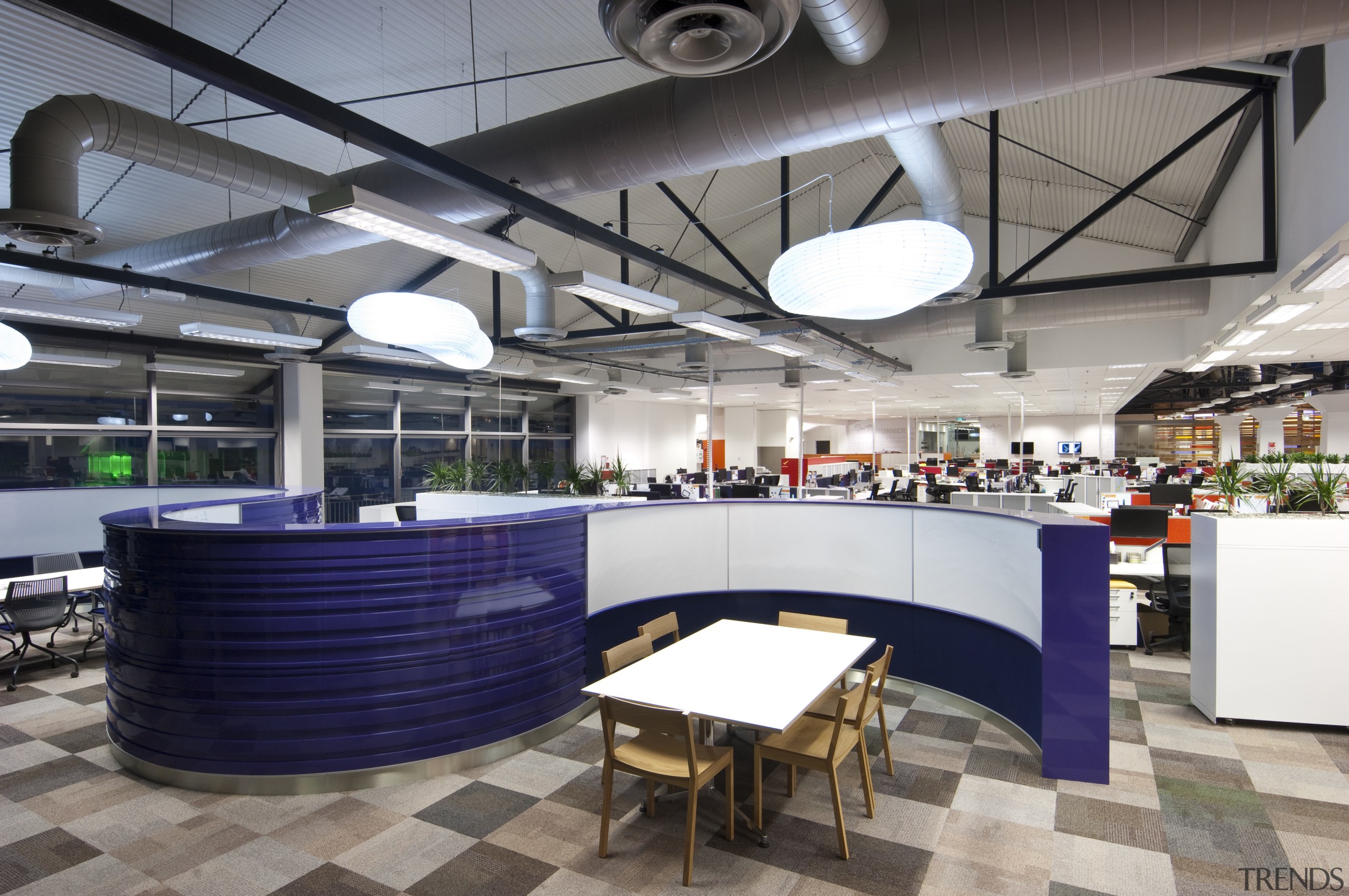 View of seating area with purple divider. - cafeteria, interior design, gray