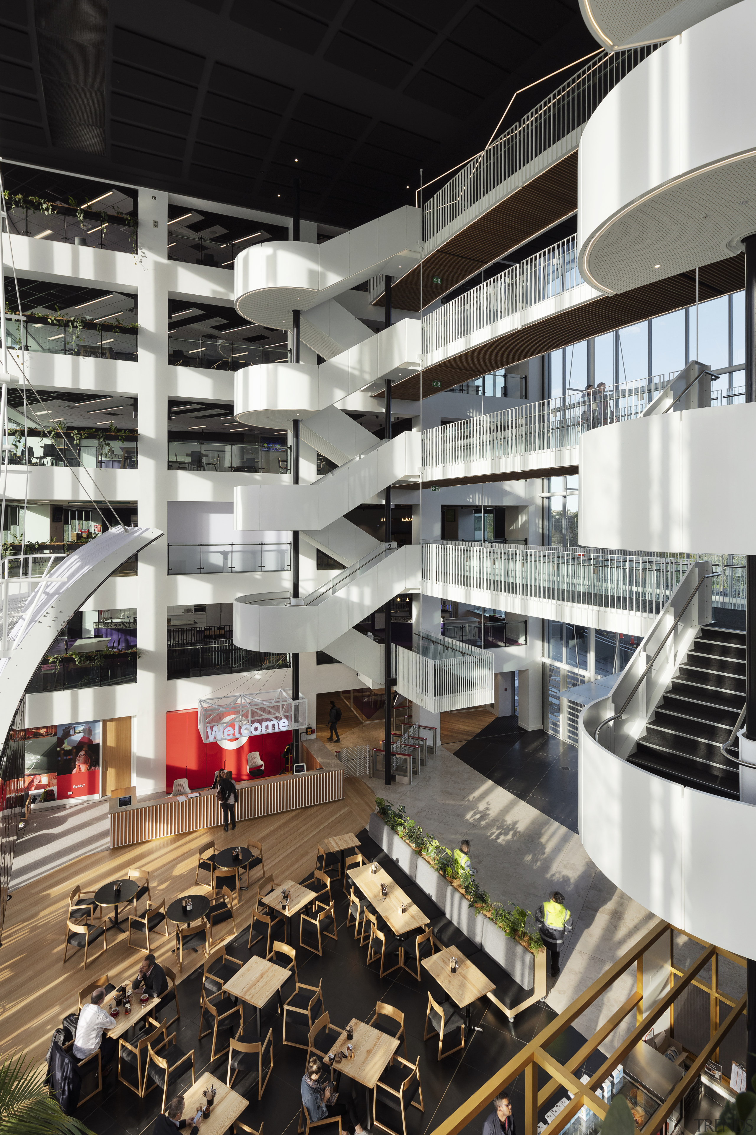 For the new Vodafone InnoV8 building, timber was architecture, building, condominium, corporate headquarters, headquarters, interior design, lobby, metropolis, metropolitan area, mixed use, black, white