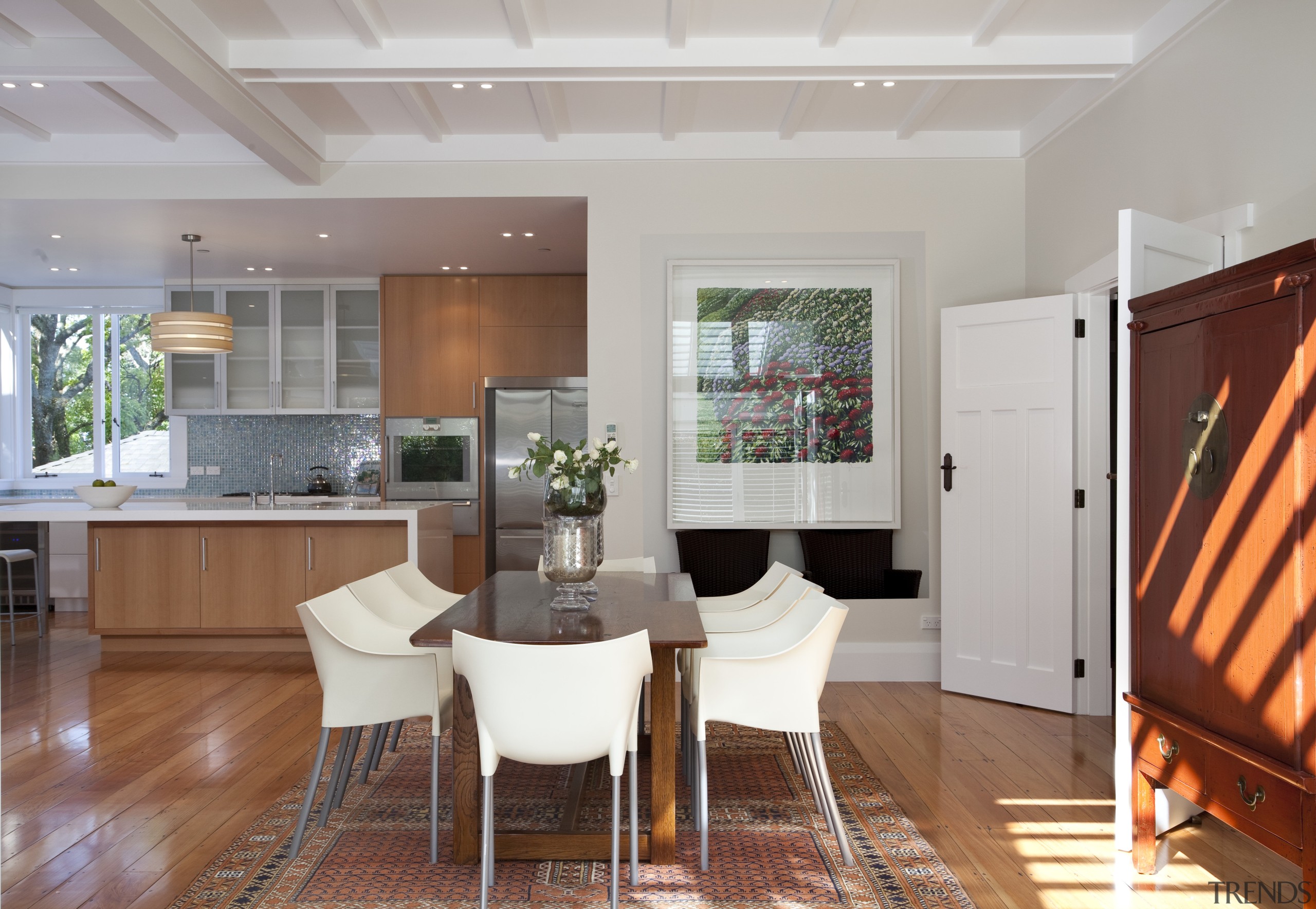 Architects Jane Aimer and Lindley Naismith of Scarlet ceiling, dining room, hardwood, house, interior design, kitchen, living room, real estate, room, gray