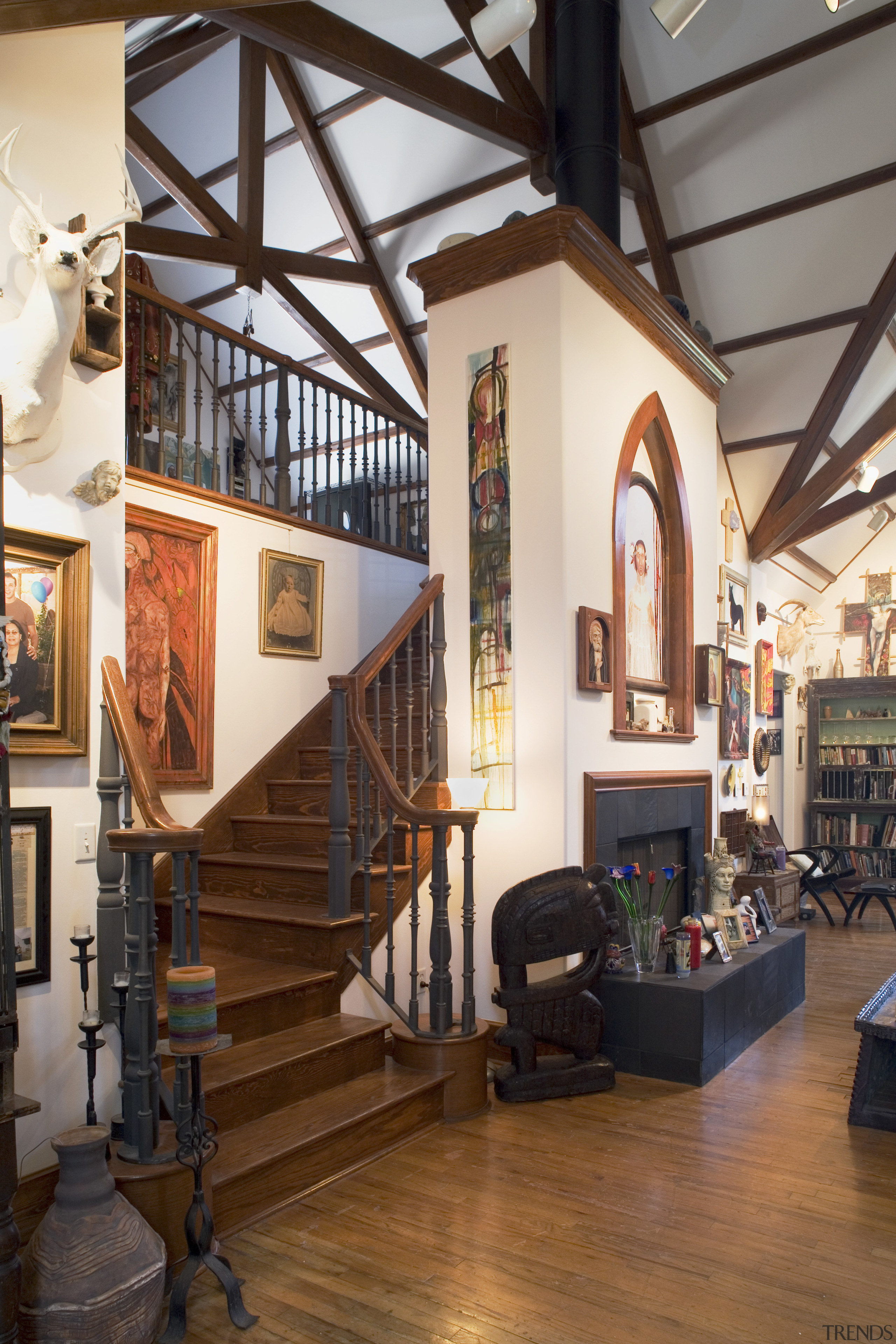 View of the stairway which leads to the ceiling, interior design, living room, loft, tourist attraction, brown