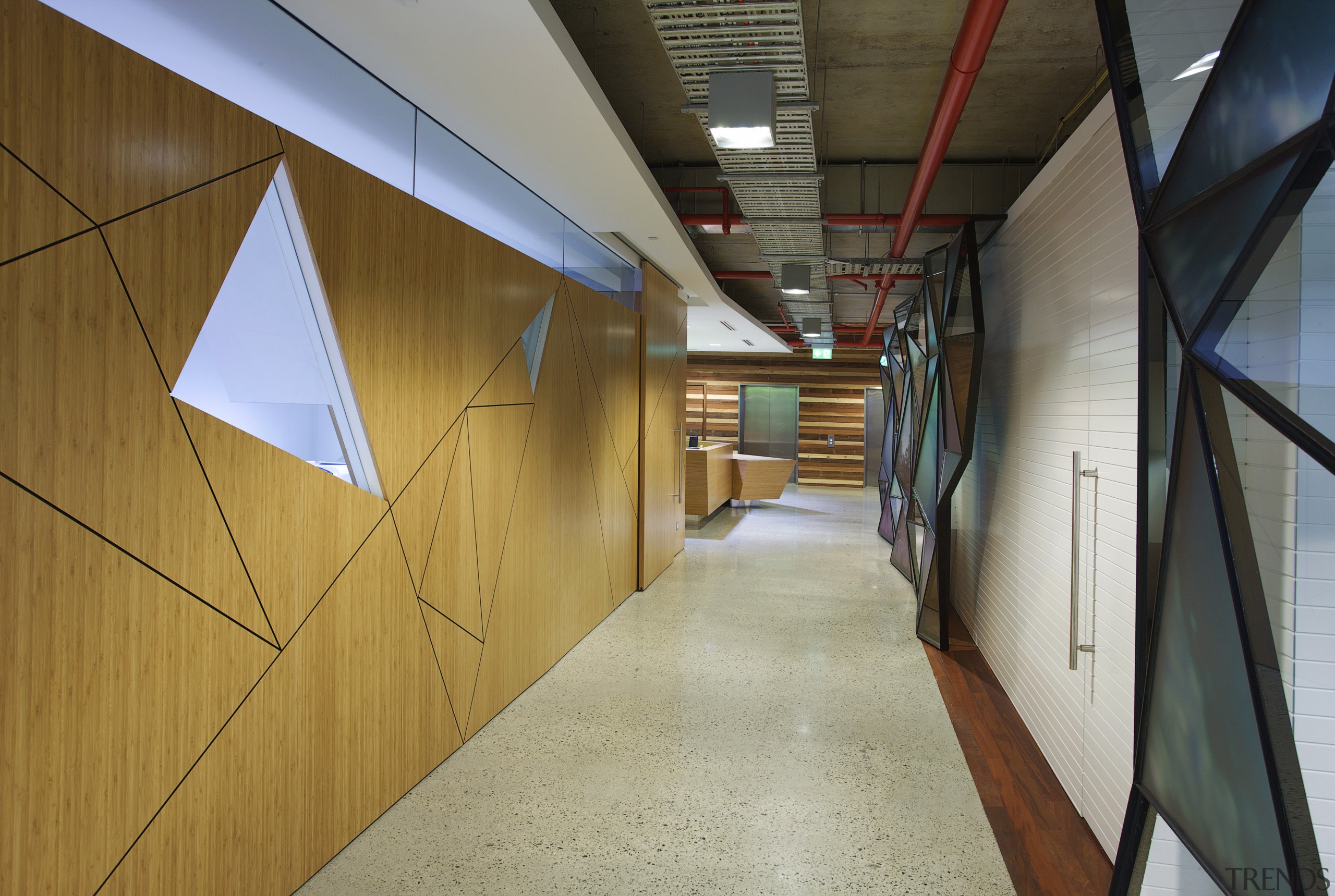 Hallway with triange cutout design on walls. - architecture, ceiling, daylighting, floor, wood, brown, gray