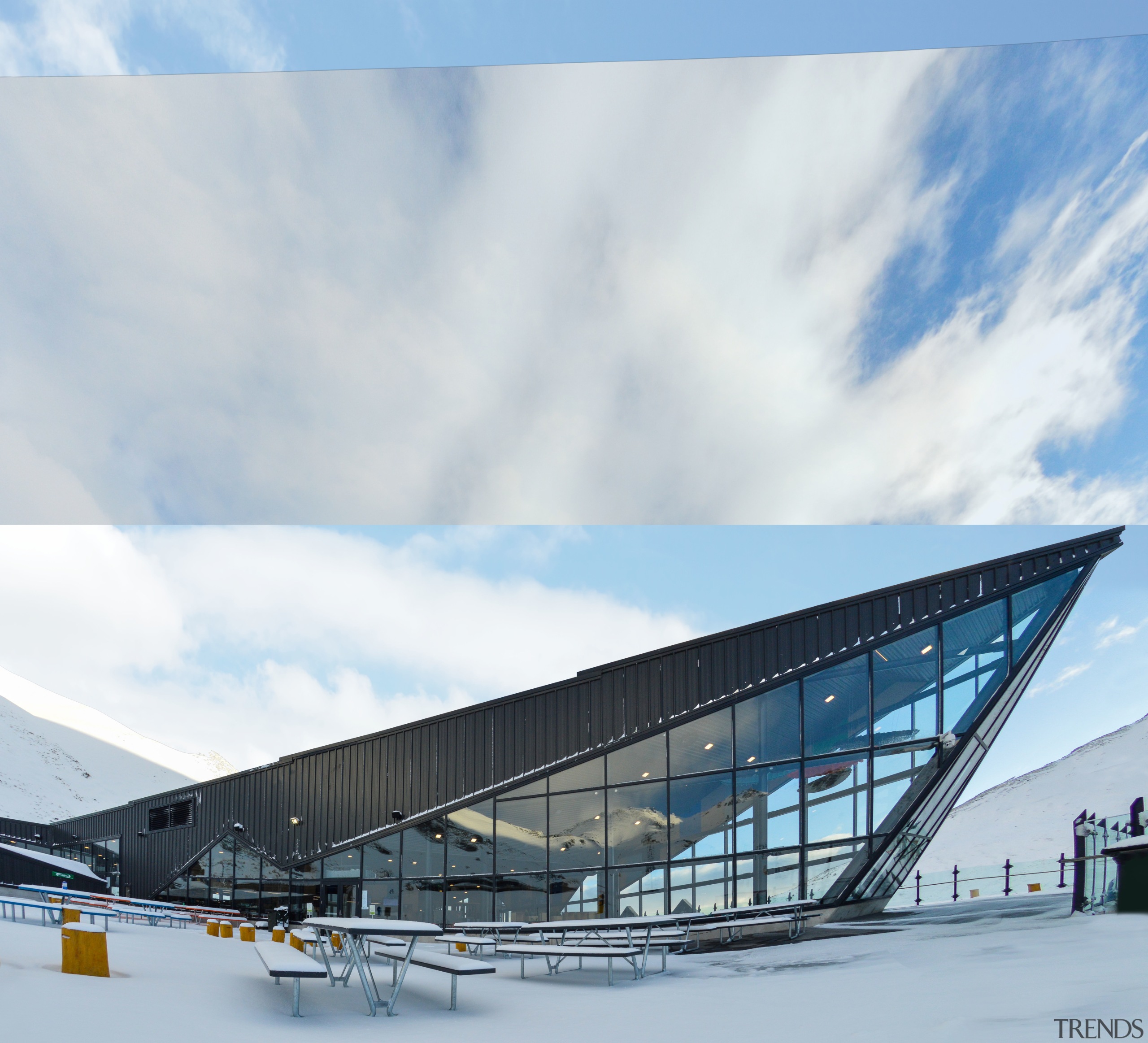 Peaked curiosity  the new Remarkables Base Building architecture, building, cloud, corporate headquarters, daytime, sky, structure, winter, white