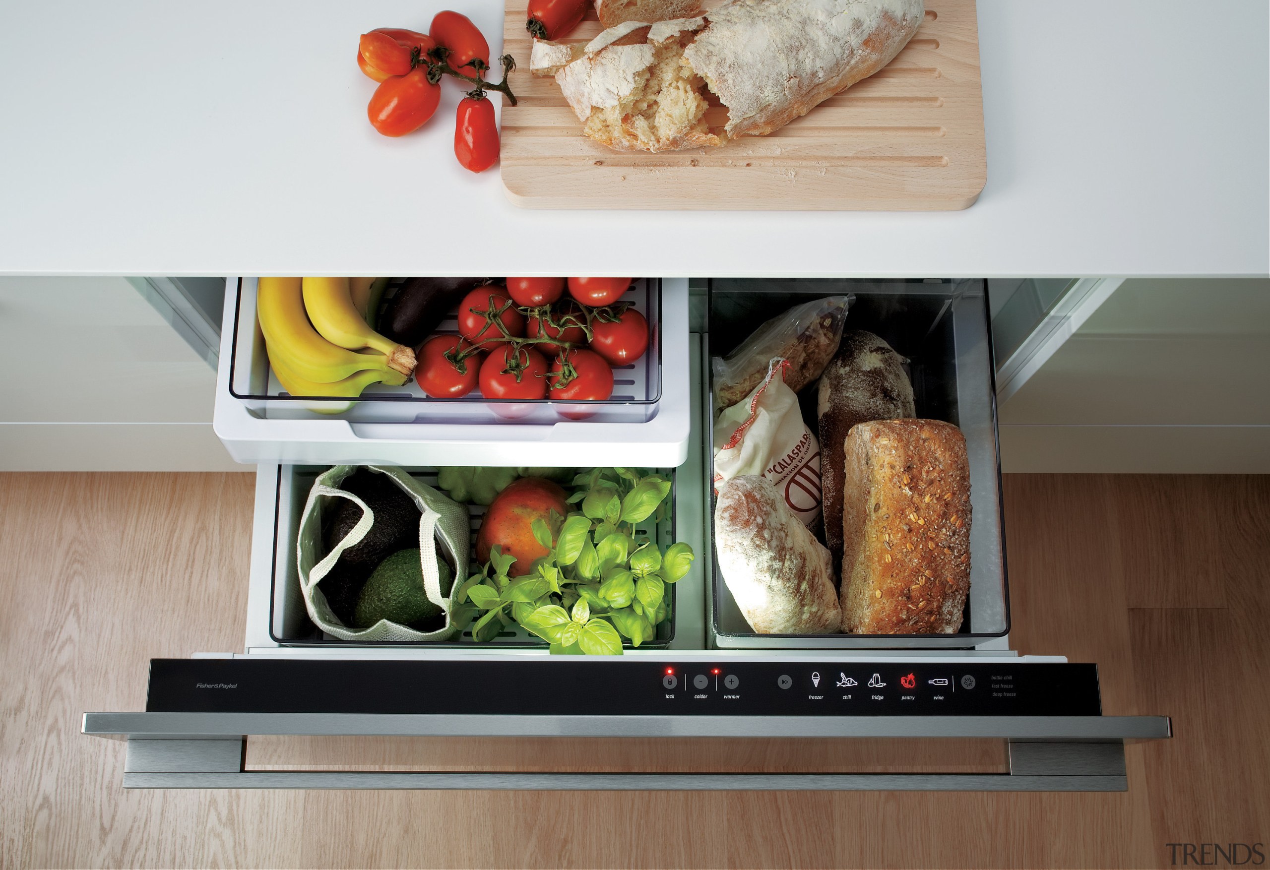 View of the Fisher &amp; Paykal CoolDrawer fridge/freezer. cuisine, food, kitchen appliance, microwave oven, white