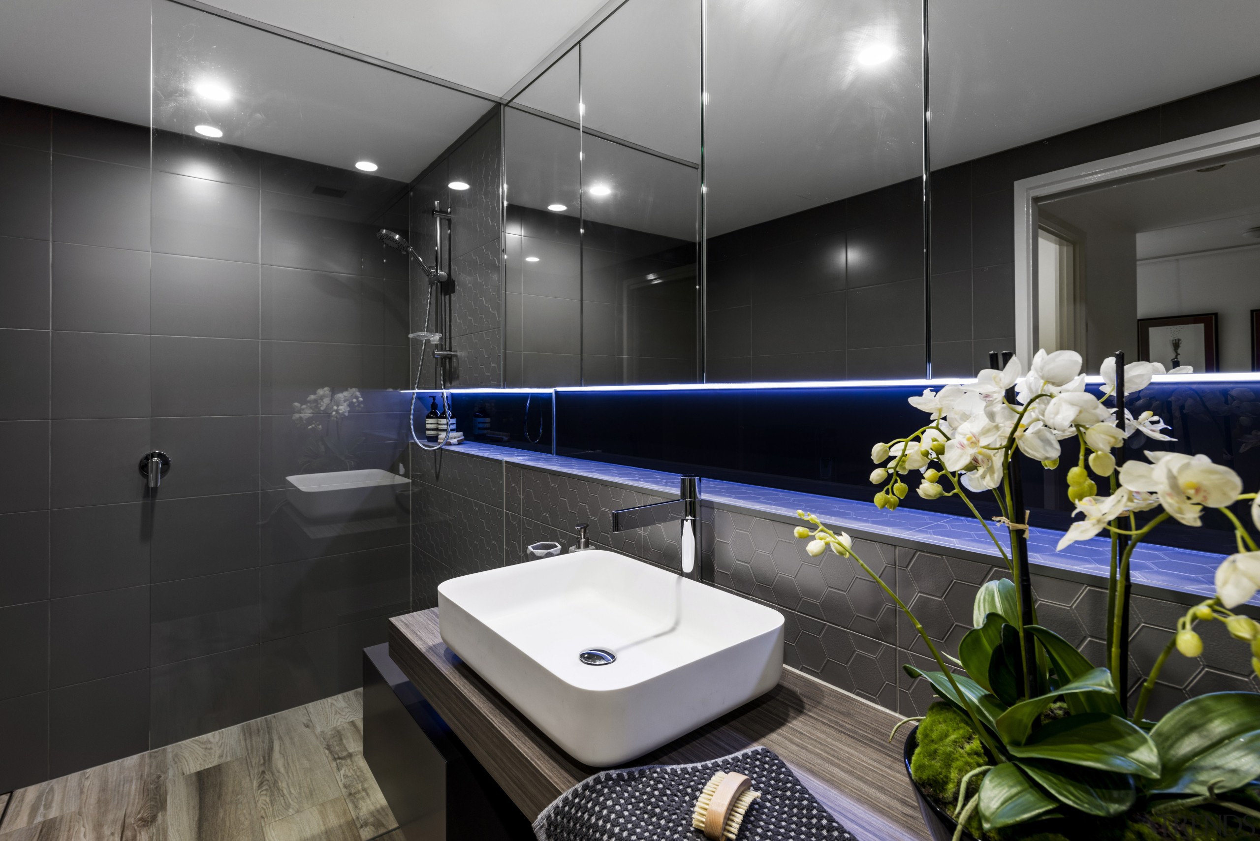 This reinvented main bathroom is finished in a architecture, bathroom, interior design, room, black, gray