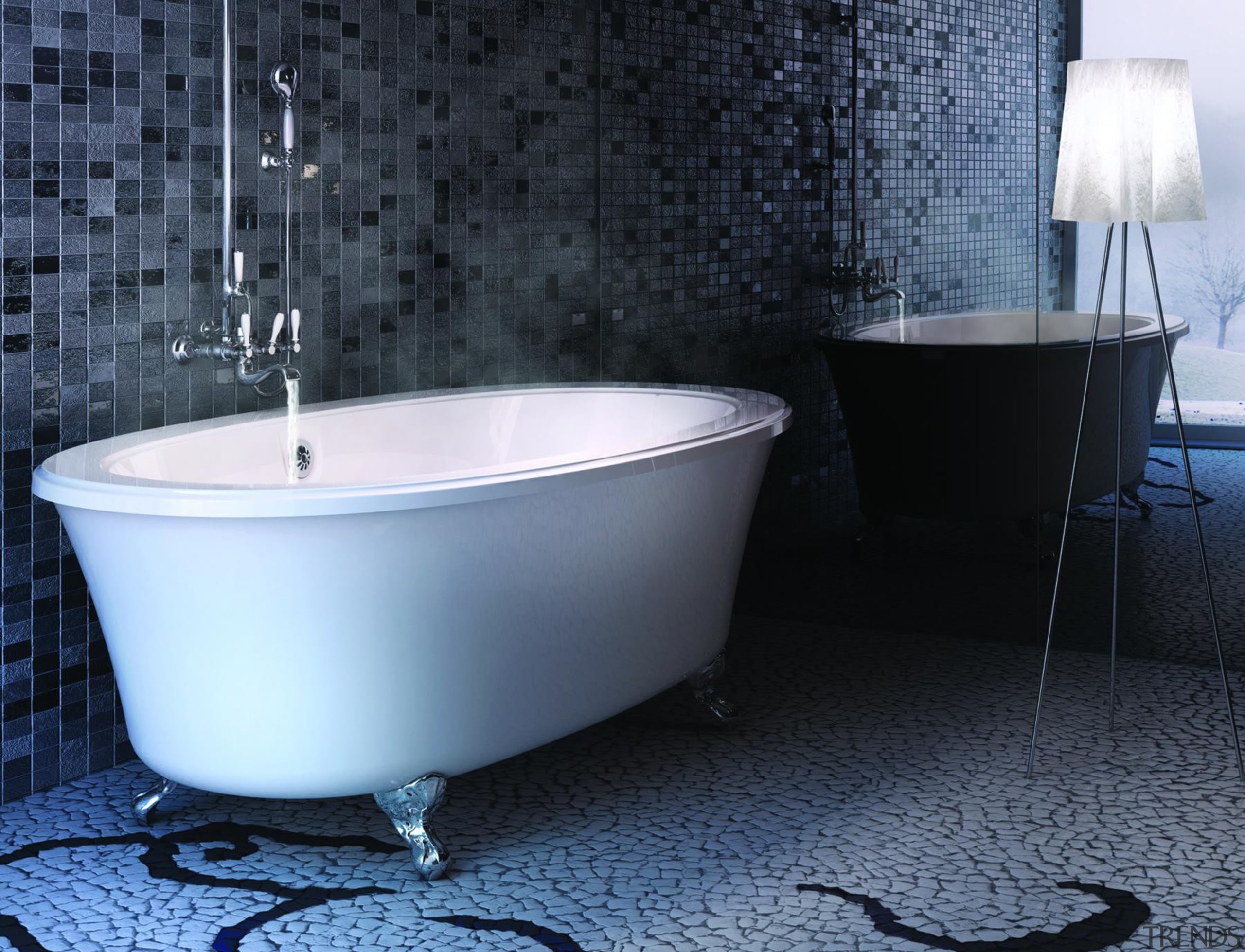 Always a classic, this claw-foot tub can be bathroom, bathtub, ceramic, floor, interior design, plumbing fixture, tap, tile, black