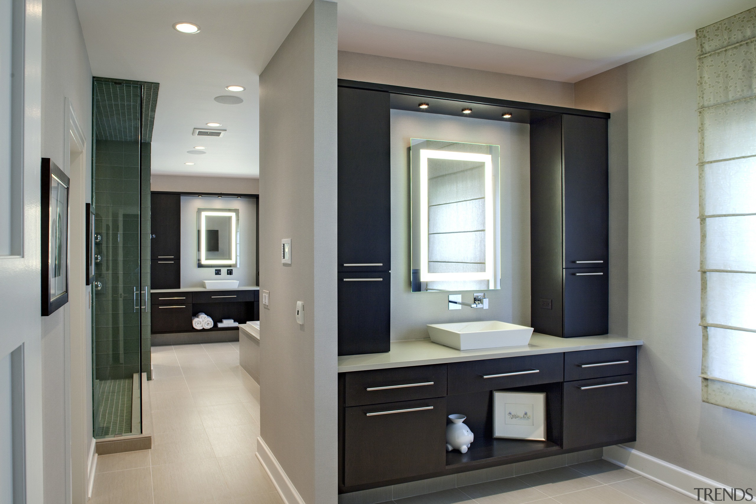 This bathroom that has been redesigned by Drury cabinetry, countertop, floor, home, interior design, kitchen, room, gray