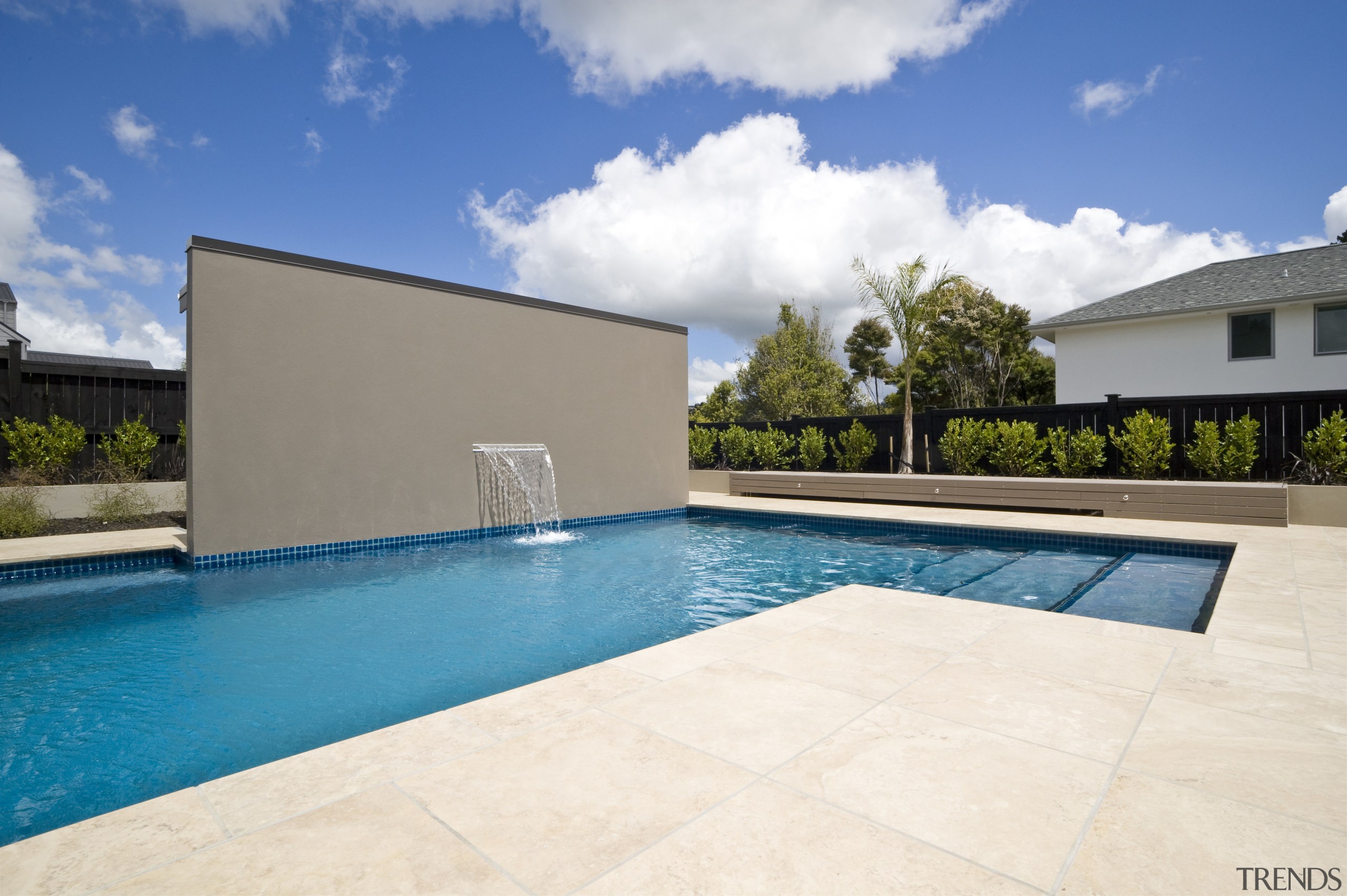 View of a fibreglass pool by Mayfair Pools architecture, estate, home, house, leisure, property, real estate, residential area, sky, swimming pool, villa, white, teal