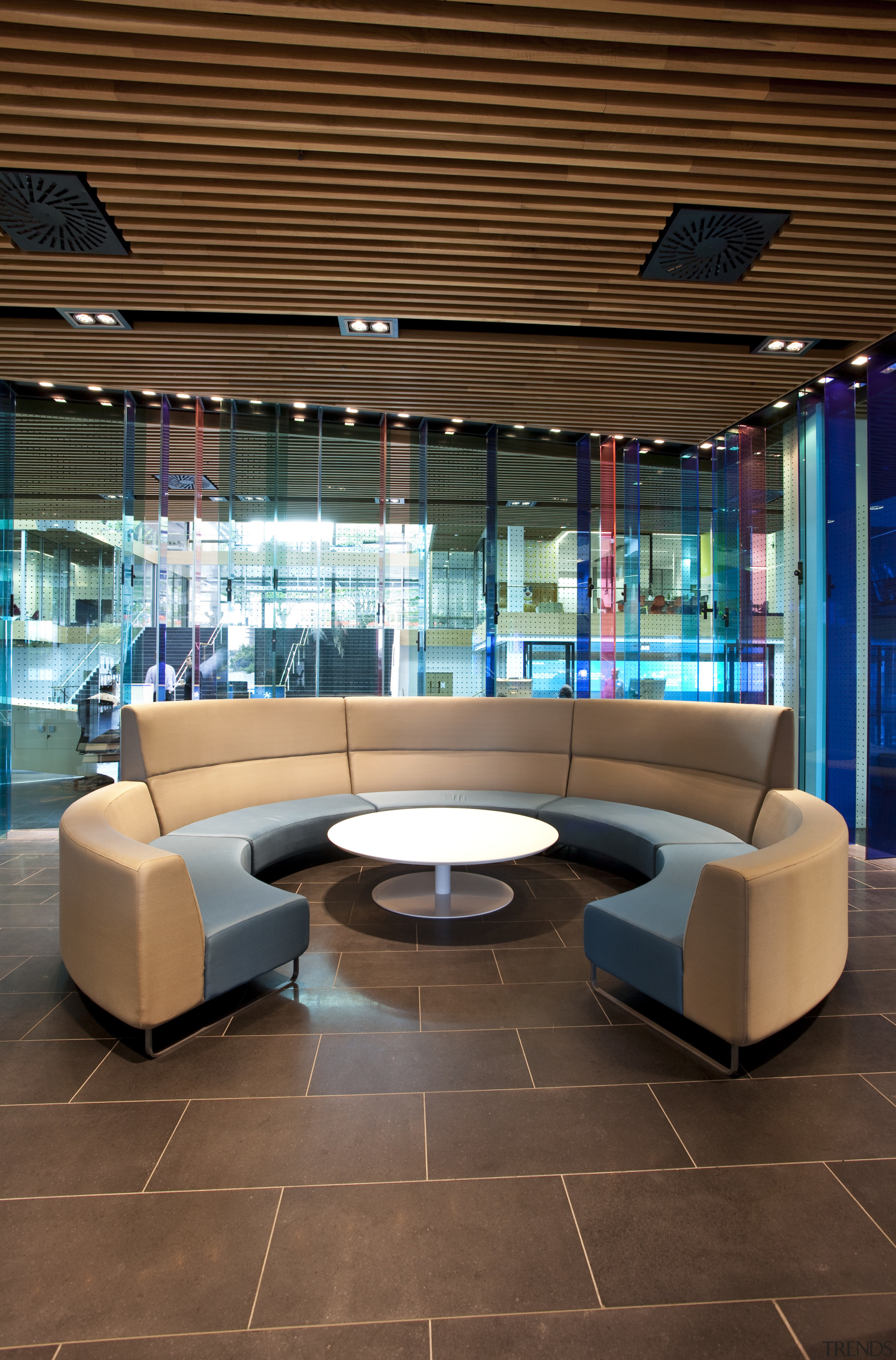View of furnishings by Fletcher Systems for the floor, furniture, interior design, lobby, table, brown