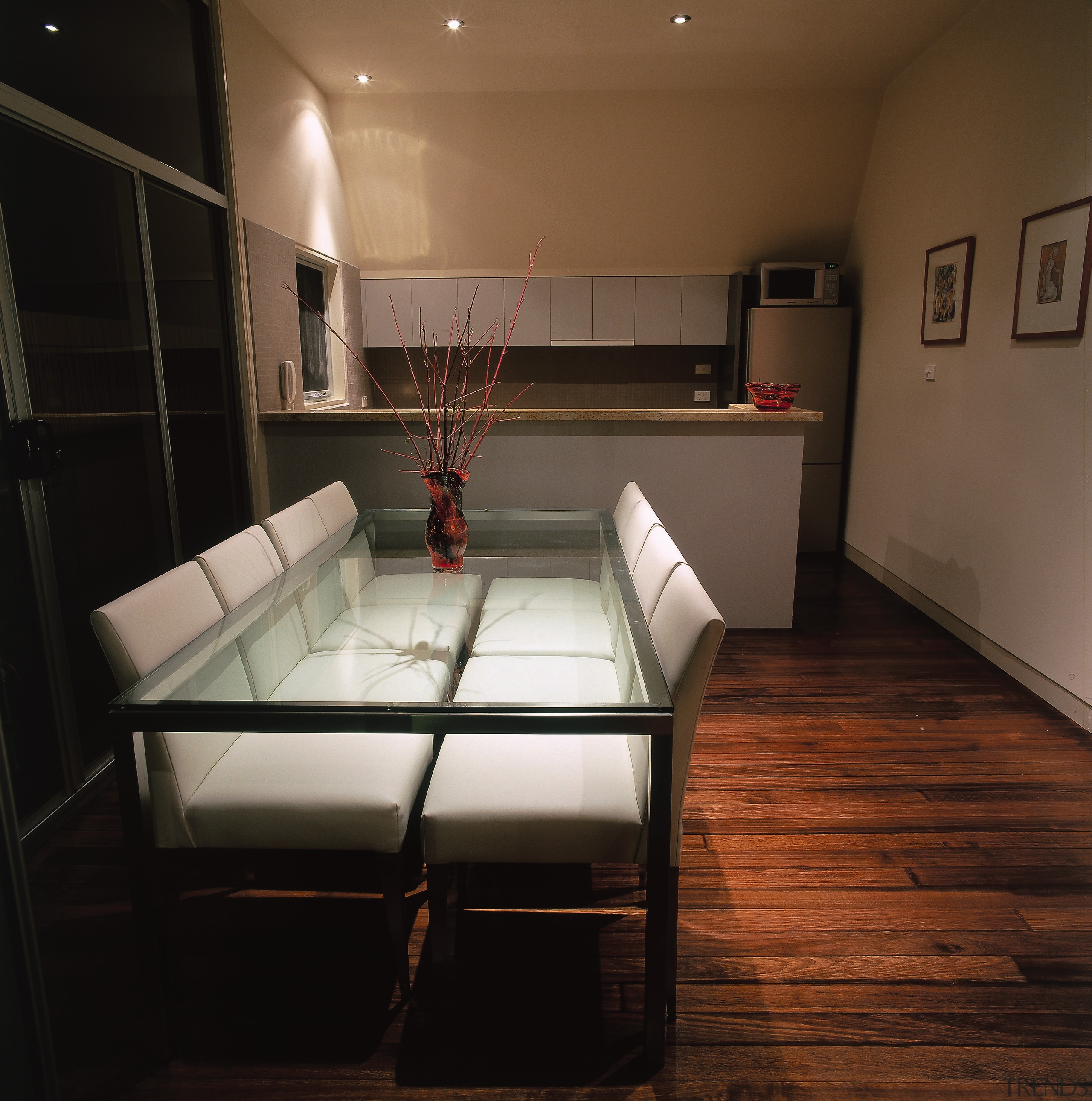 The view of an open plan dining room architecture, daylighting, floor, flooring, furniture, interior design, lighting, room, table, tourist attraction, wood, black, brown