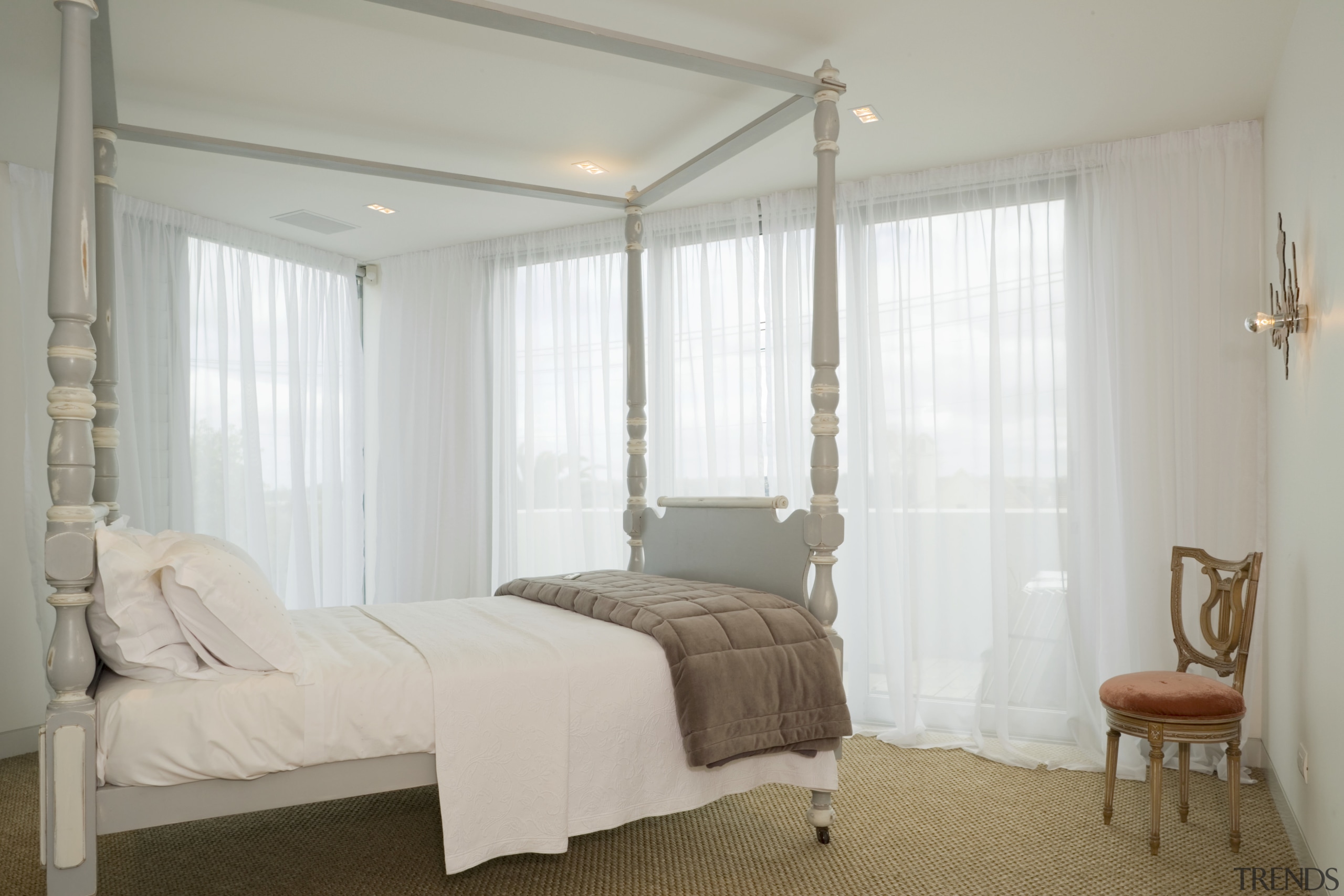 View of living areas featuring contemporary design, cisal bed, bed frame, bedroom, ceiling, curtain, floor, furniture, home, interior design, property, real estate, room, suite, textile, wall, window, window blind, window covering, window treatment, wood, gray, white