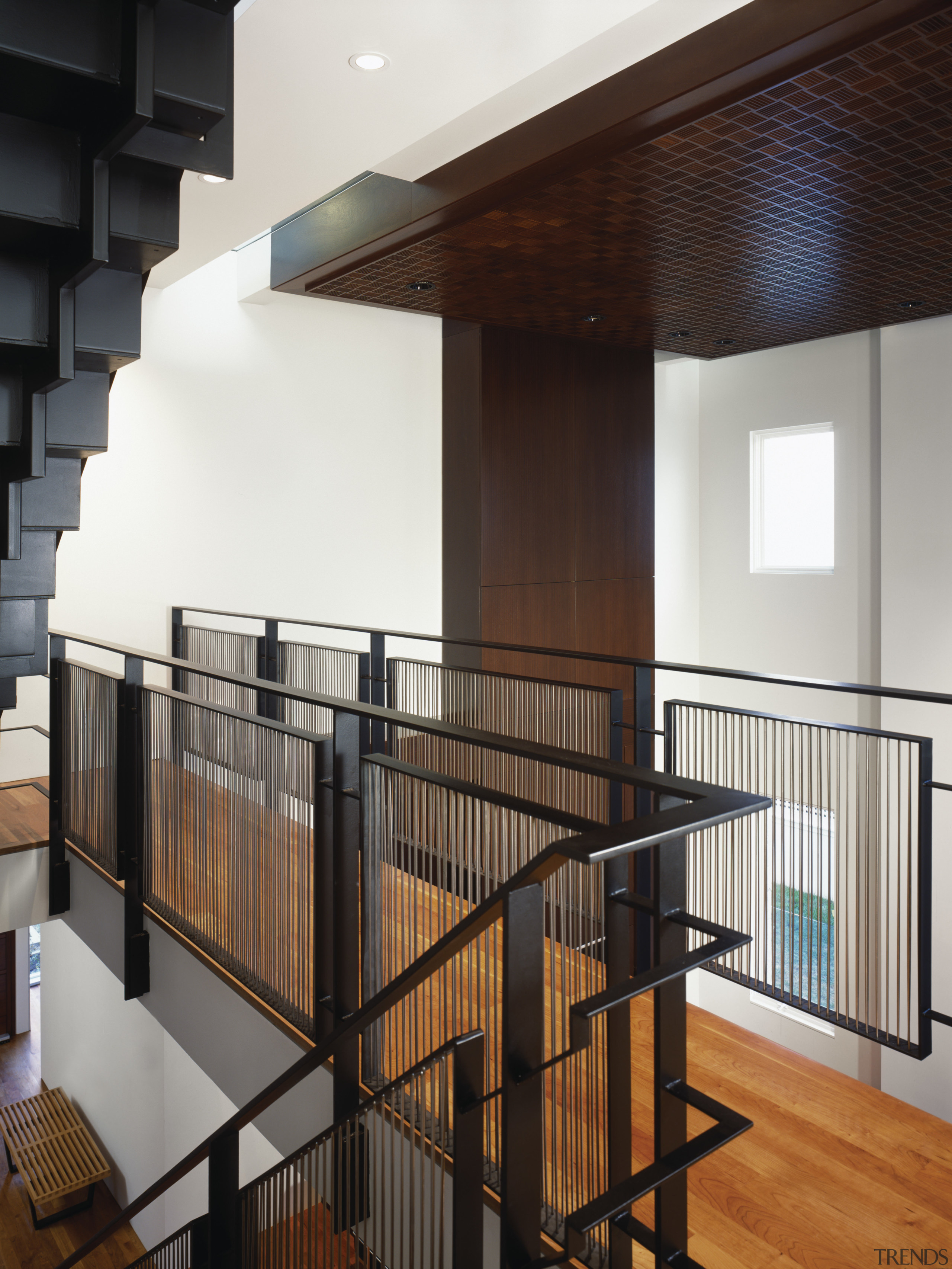 A Exterior view renovation of a late 30's apartment, architecture, baluster, daylighting, floor, flooring, glass, handrail, hardwood, house, interior design, lobby, stairs, wall, wood, black, white