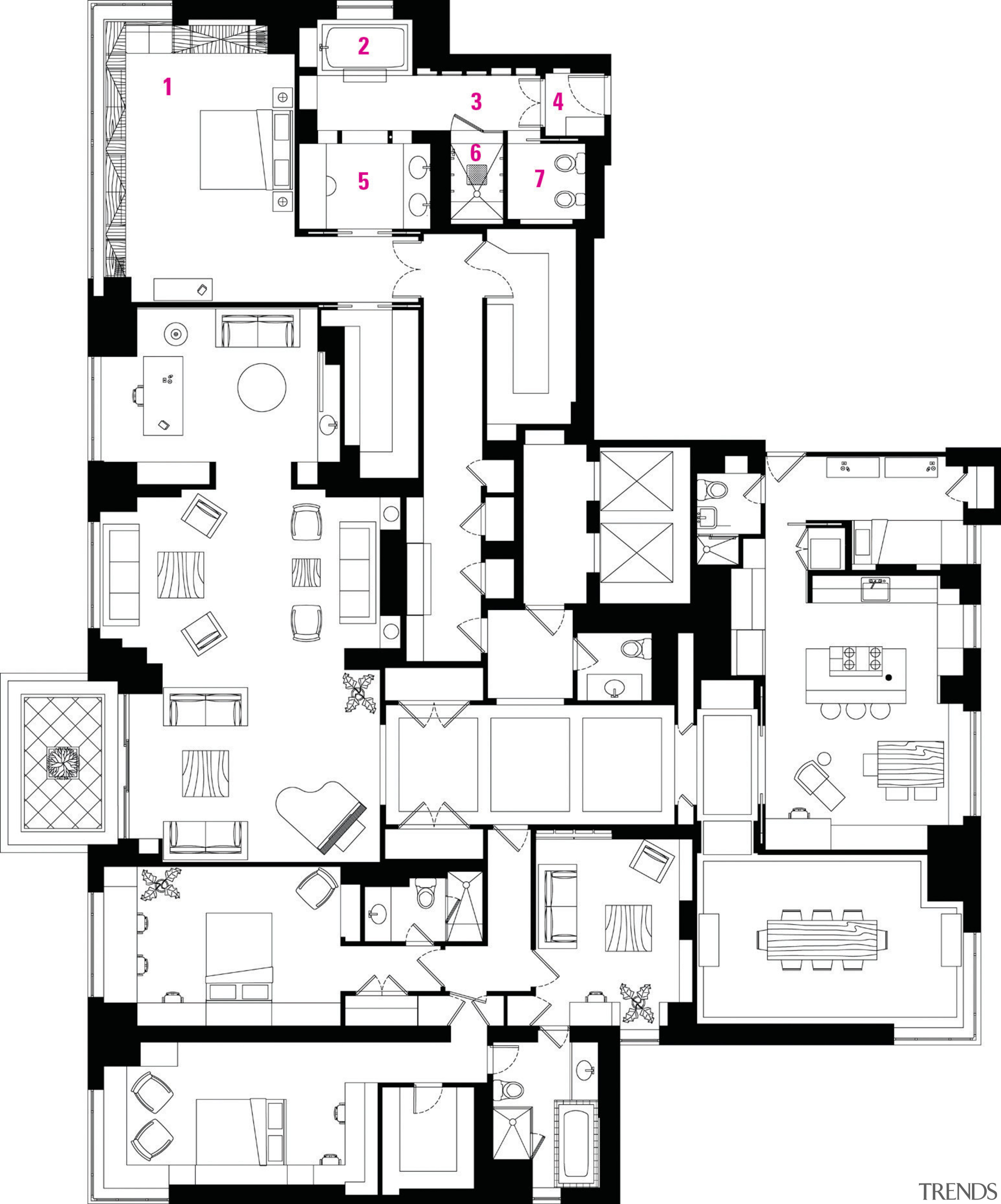 View of the master bathroom which is entered architecture, area, black and white, design, drawing, floor plan, font, line, pattern, plan, product design, schematic, square, text, white