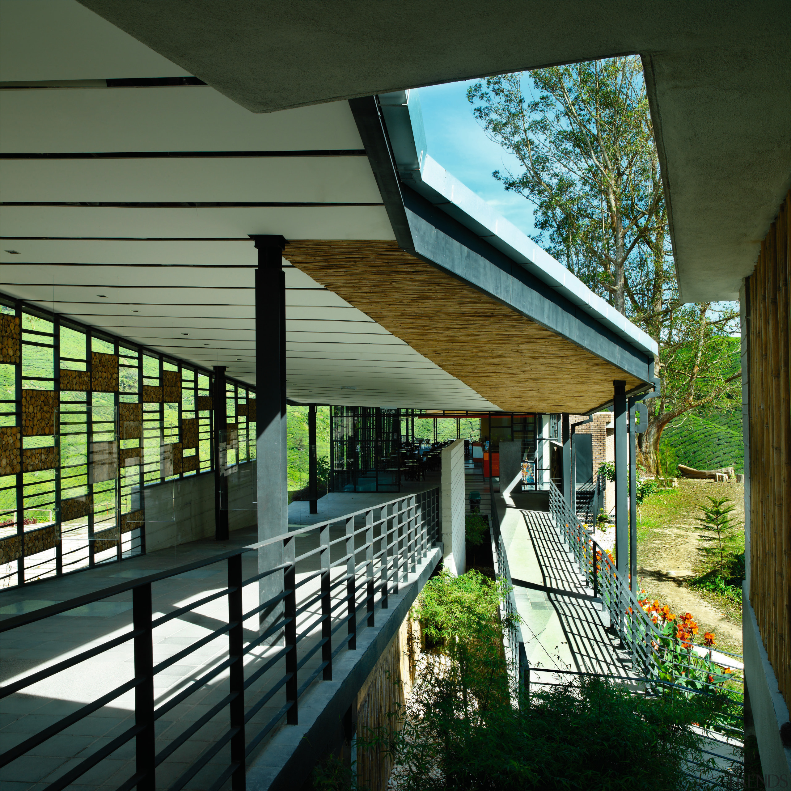 view of the covered walkways. the ceilings vary architecture, daylighting, home, house, roof, window, black, green