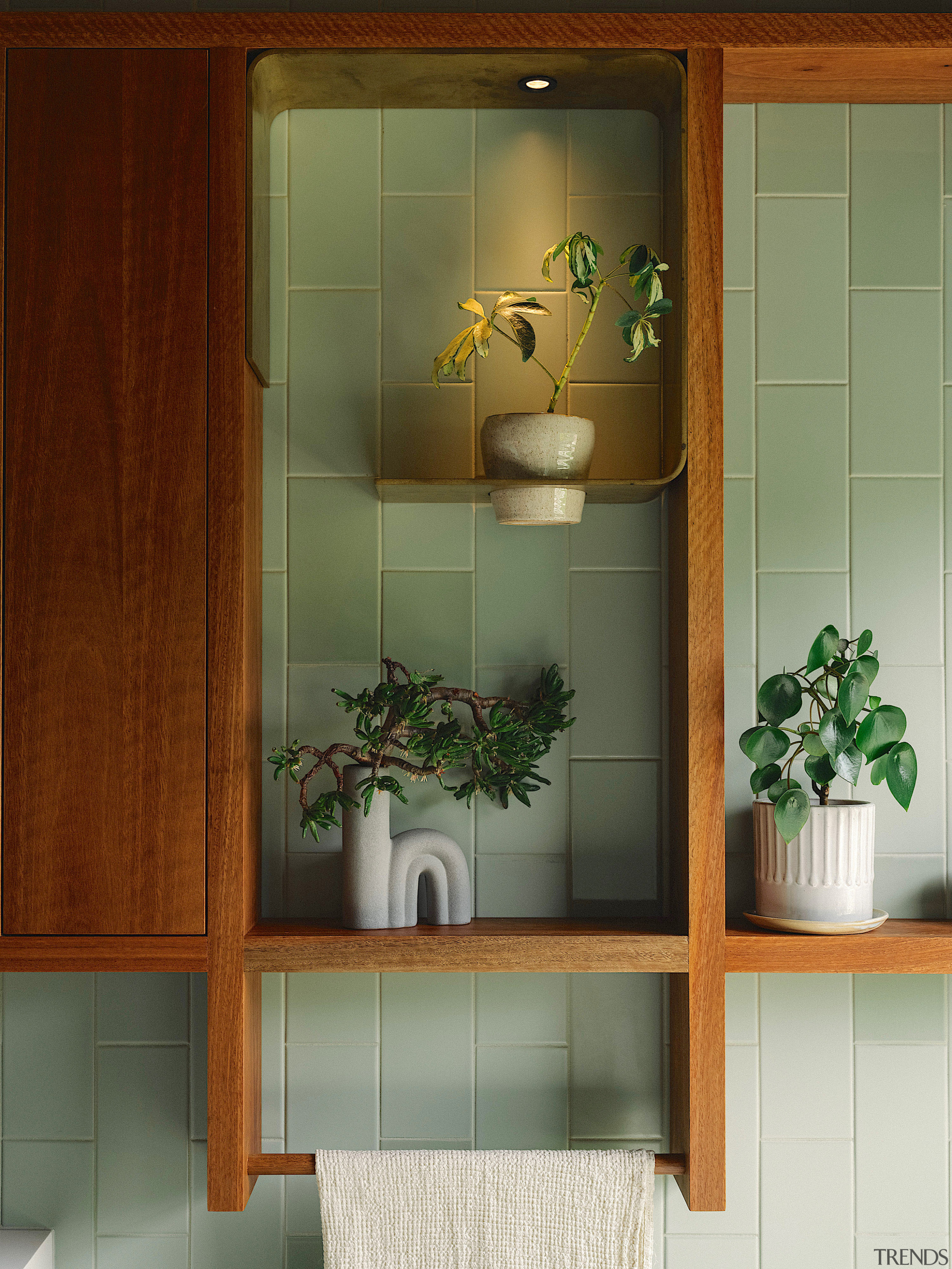 Recycled wood was employed for the custom cabinetry 