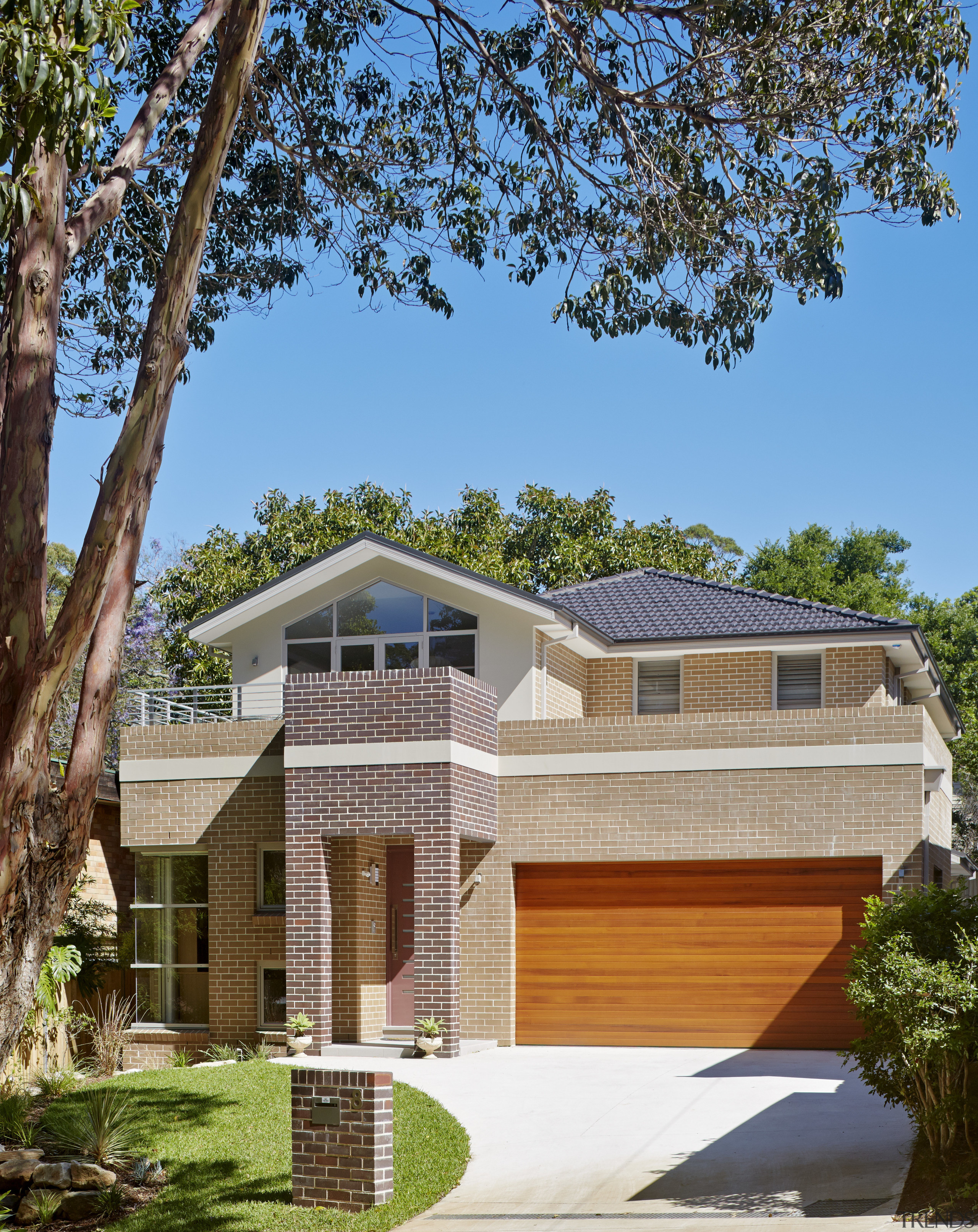 Contemporary house with flow to pool - Contemporary architecture, cottage, elevation, estate, facade, home, house, property, real estate, residential area, roof, siding, tree, brown