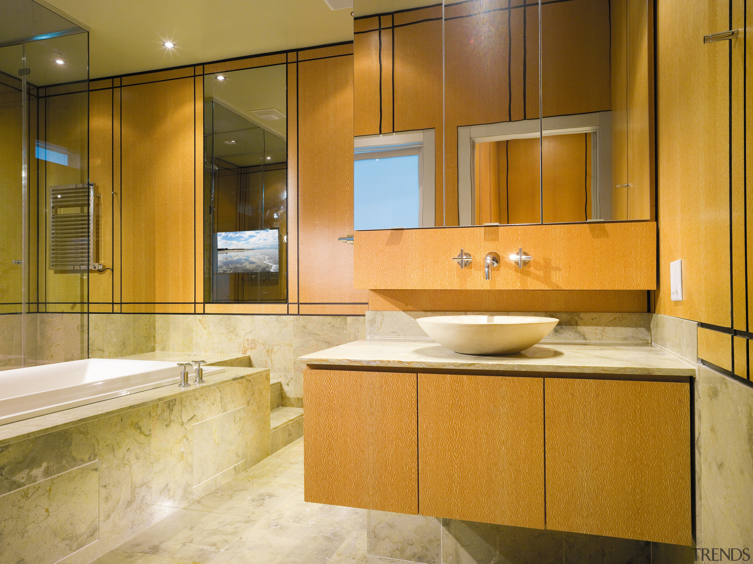 A view of a bathroom, tiled walls and bathroom, cabinetry, countertop, home, interior design, kitchen, room, sink, orange, brown