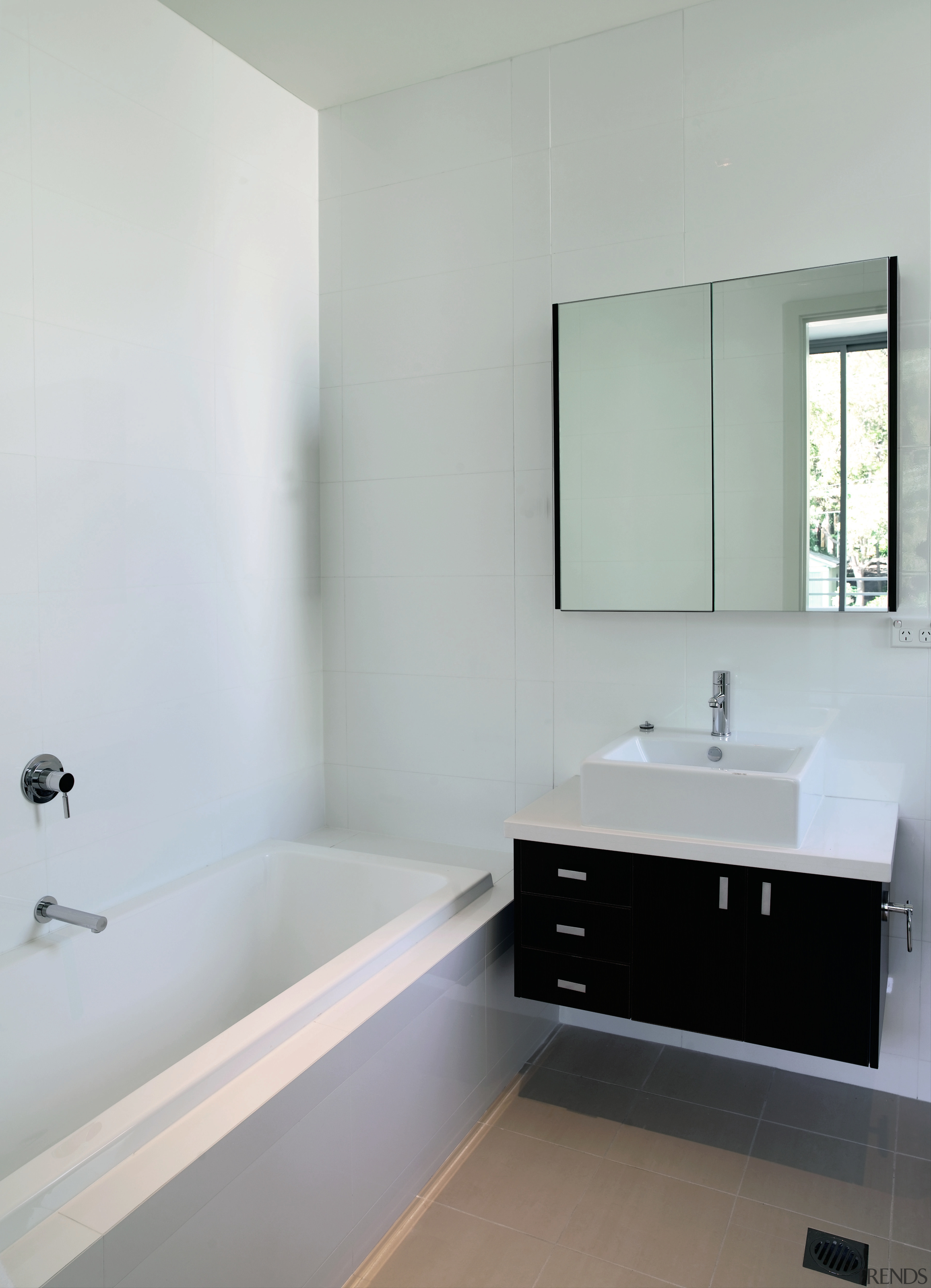 A view of this bathroom dual basins, mirror bathroom, bathroom accessory, bathroom cabinet, bathroom sink, floor, interior design, plumbing fixture, product design, room, sink, tap, wall, gray