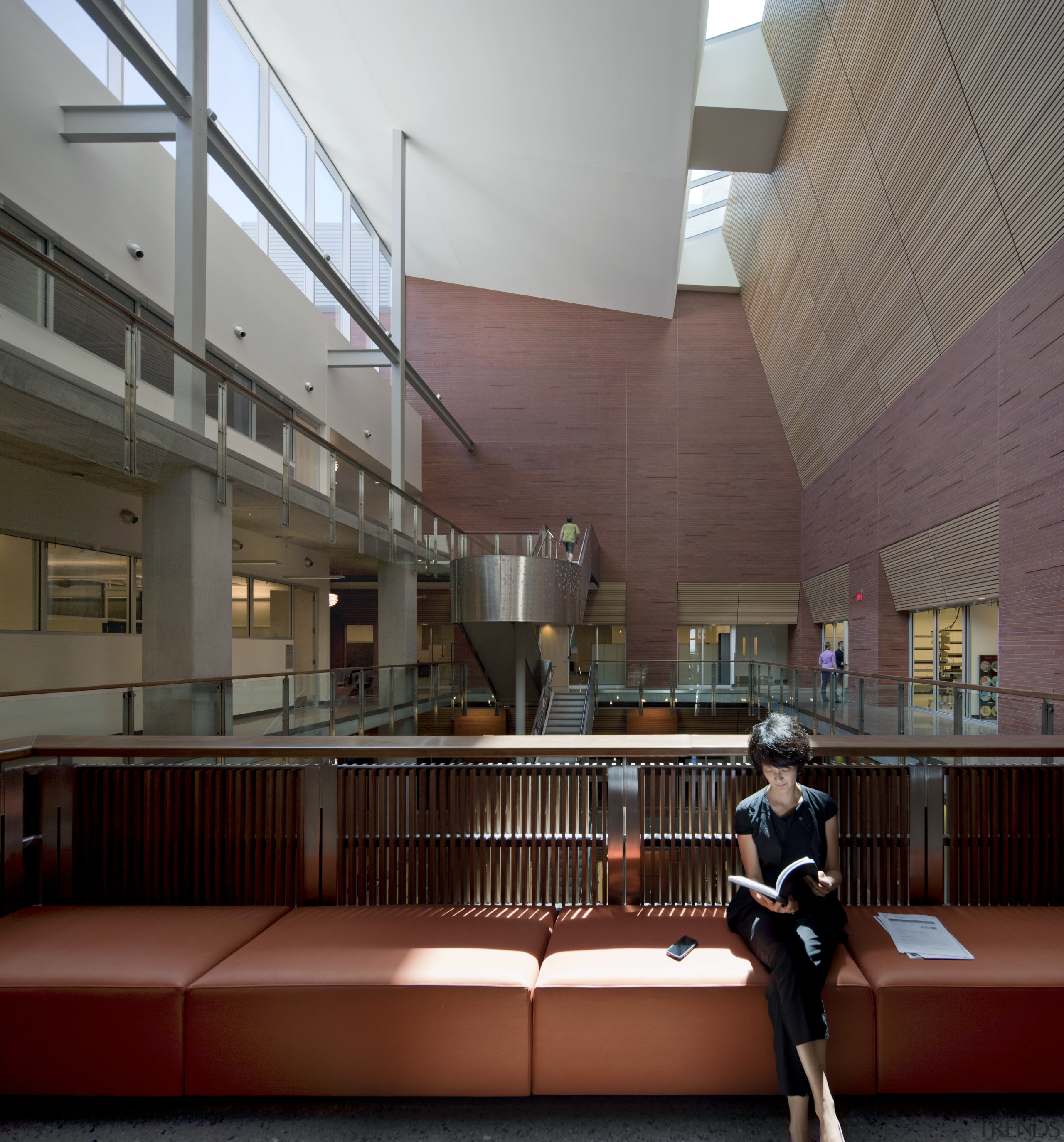 Arizona State University Interdisciplinary Science and Technology Building architecture, building, ceiling, daylighting, institution, interior design, lobby, stairs, red, gray