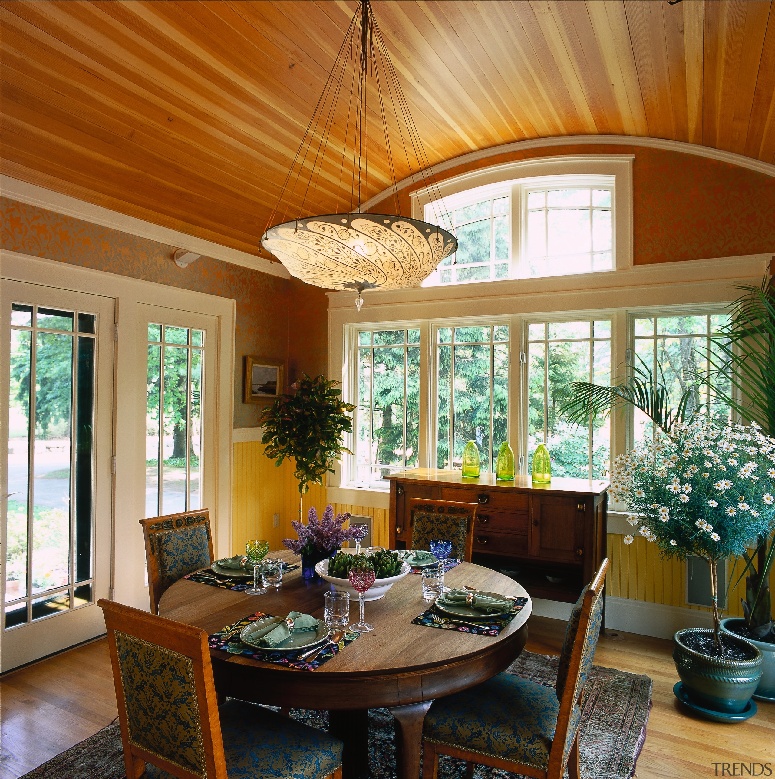 View of the dining area with timber barrel-vaulted ceiling, daylighting, dining room, estate, home, house, interior design, living room, real estate, room, window, wood, brown