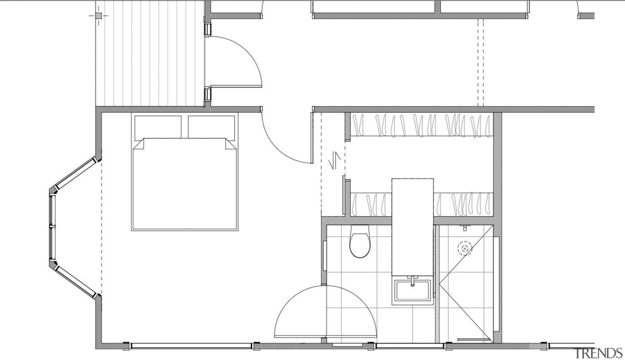 Plan: This ensuite is divided into two areas, angle, architecture, area, artwork, black and white, design, diagram, drawing, floor plan, font, line, line art, plan, product, product design, structure, technical drawing, white