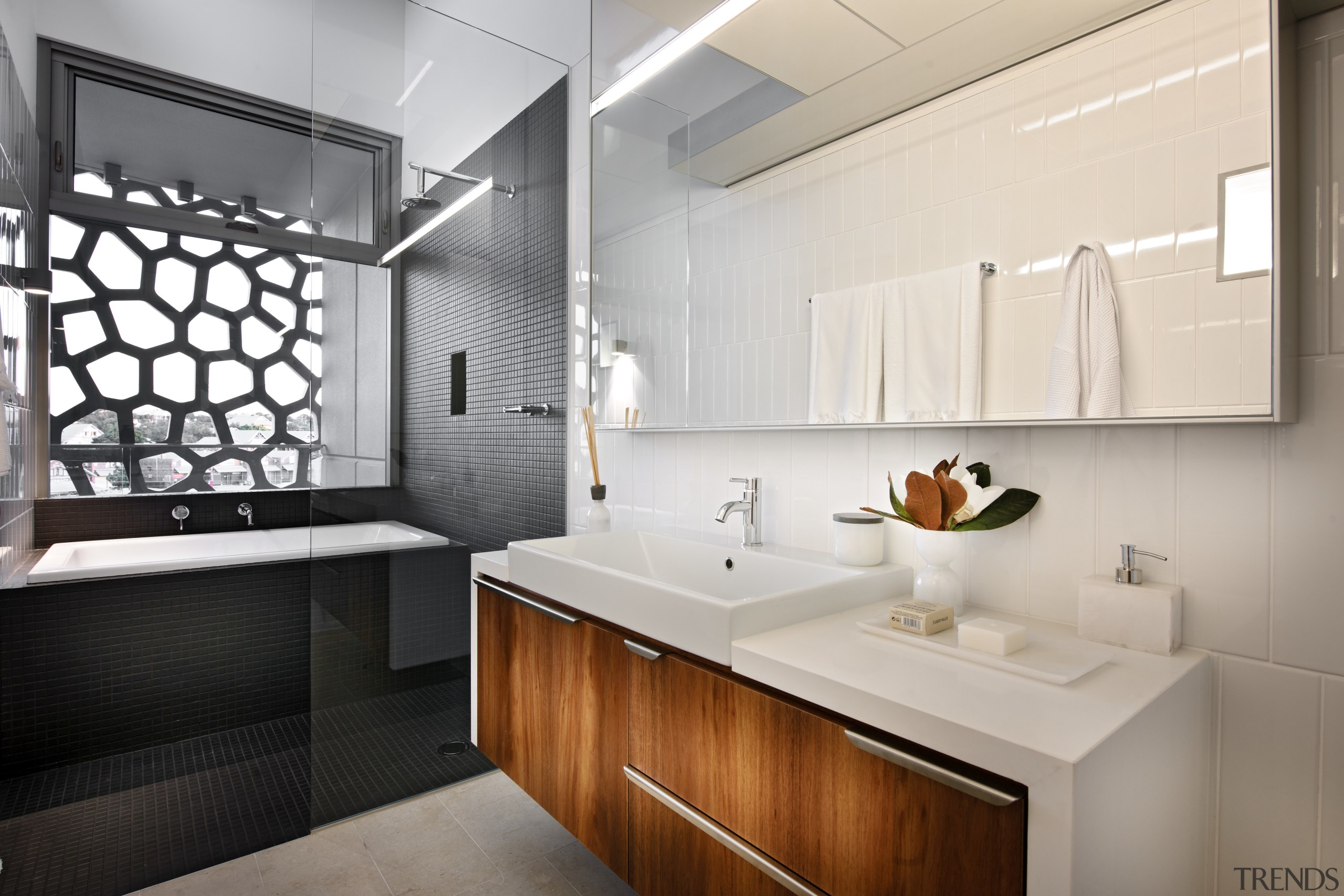 This precinct was developed by Mirvac. Here is bathroom, countertop, interior design, product design, room, sink, white, gray