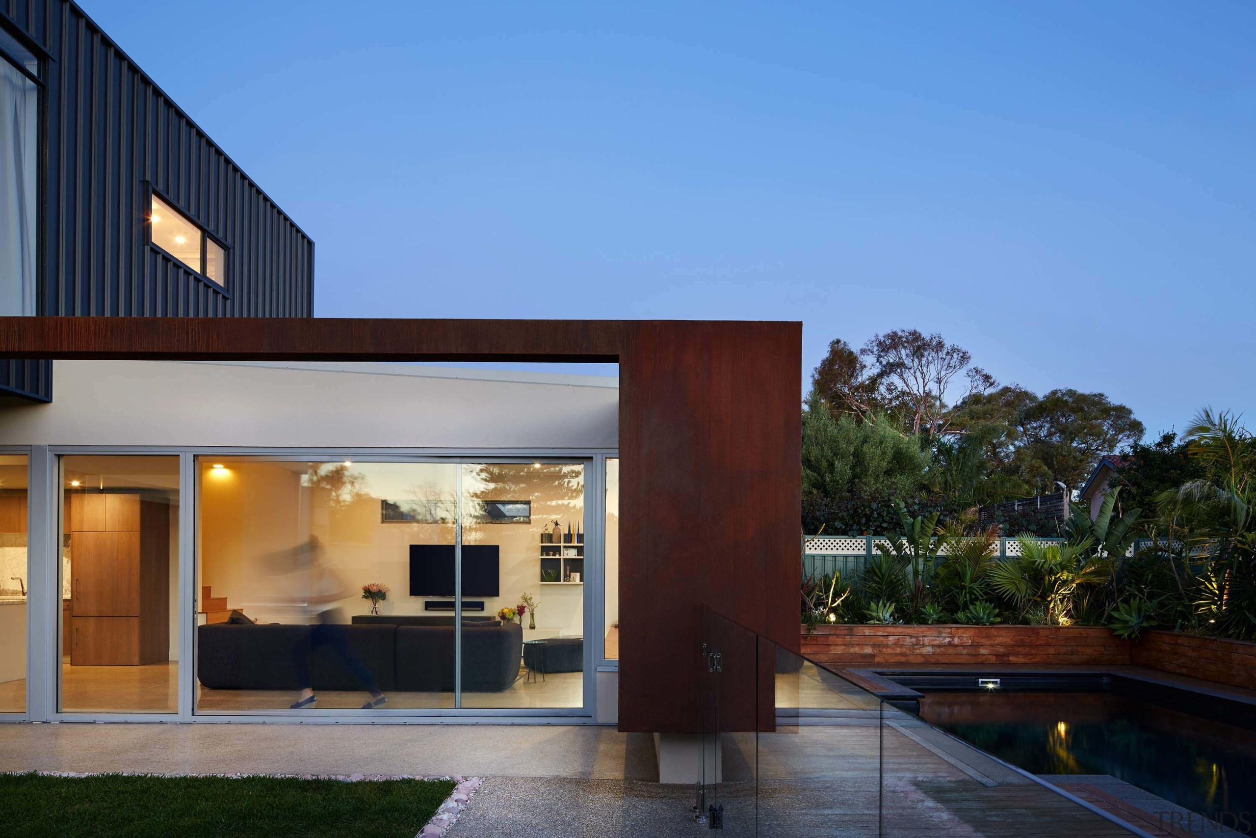 Weathering steel adds an industrial element to the architecture, estate, facade, home, house, property, real estate, residential area, teal