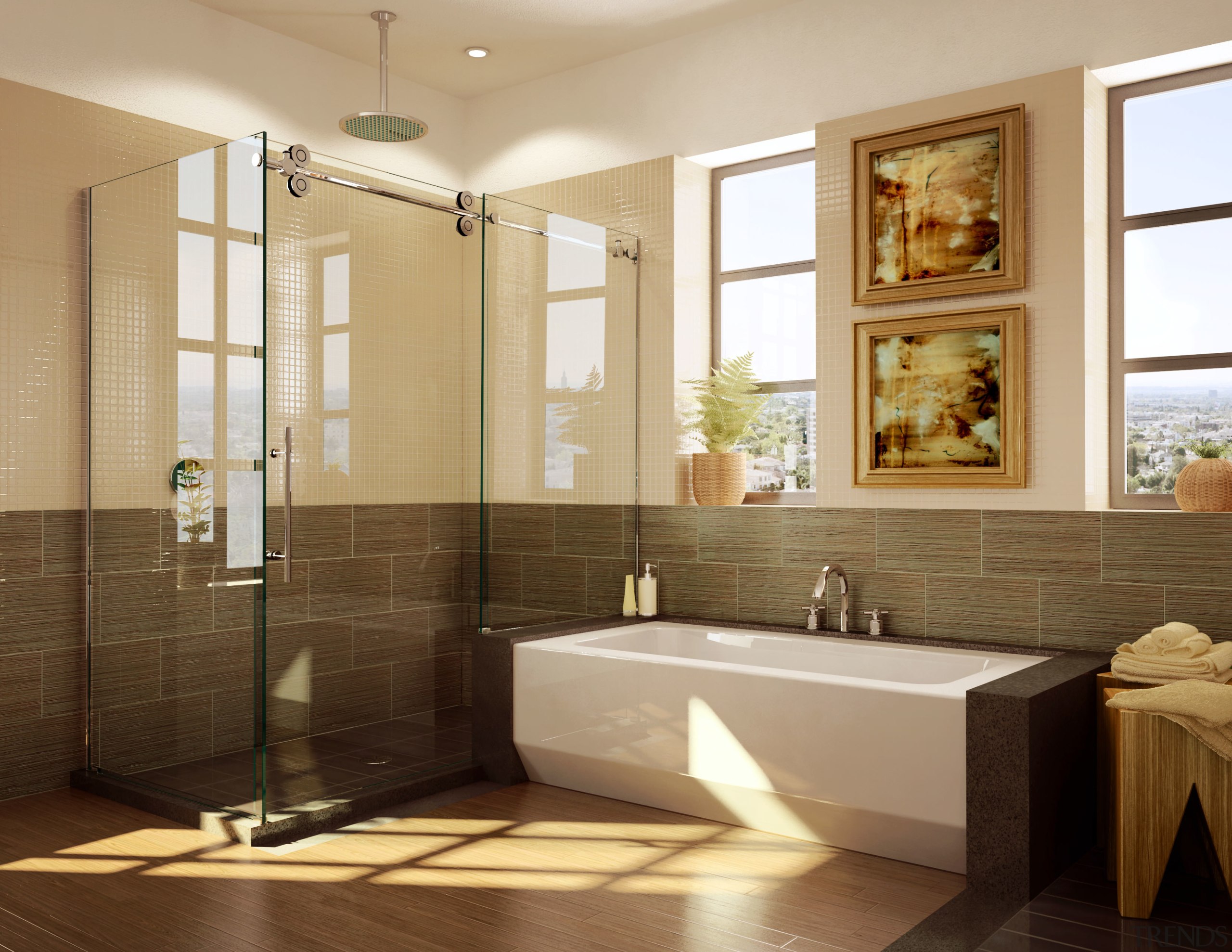 View of a bathroom which features shower enclosures bathroom, floor, flooring, interior design, plumbing fixture, room, brown, orange