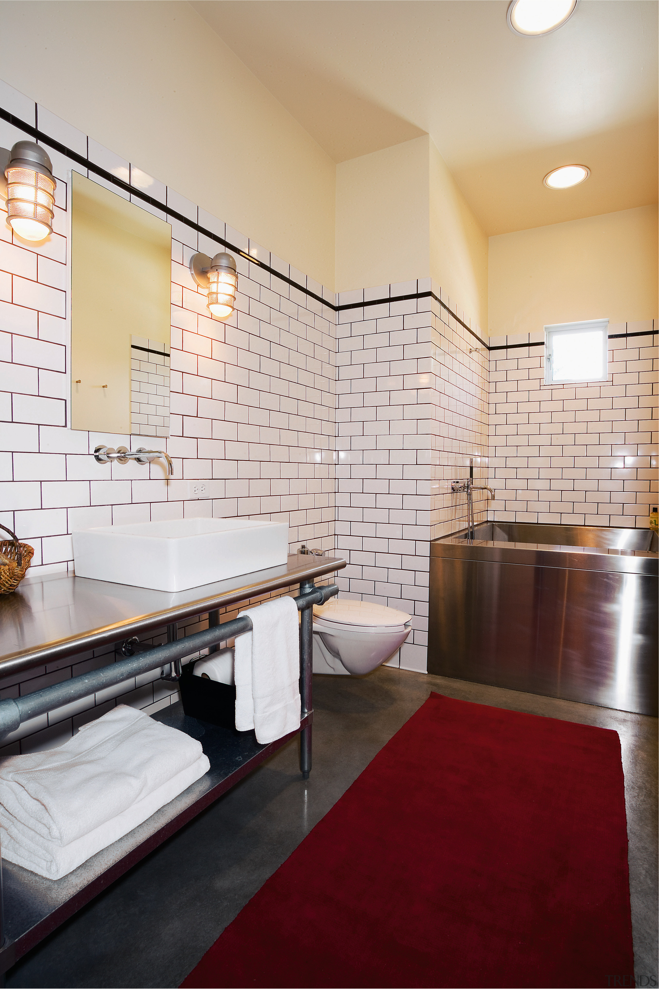 view of this bathroom featuring subway tiles on architecture, bathroom, ceiling, countertop, daylighting, floor, flooring, home, interior design, real estate, room, tile, wall, wood, gray
