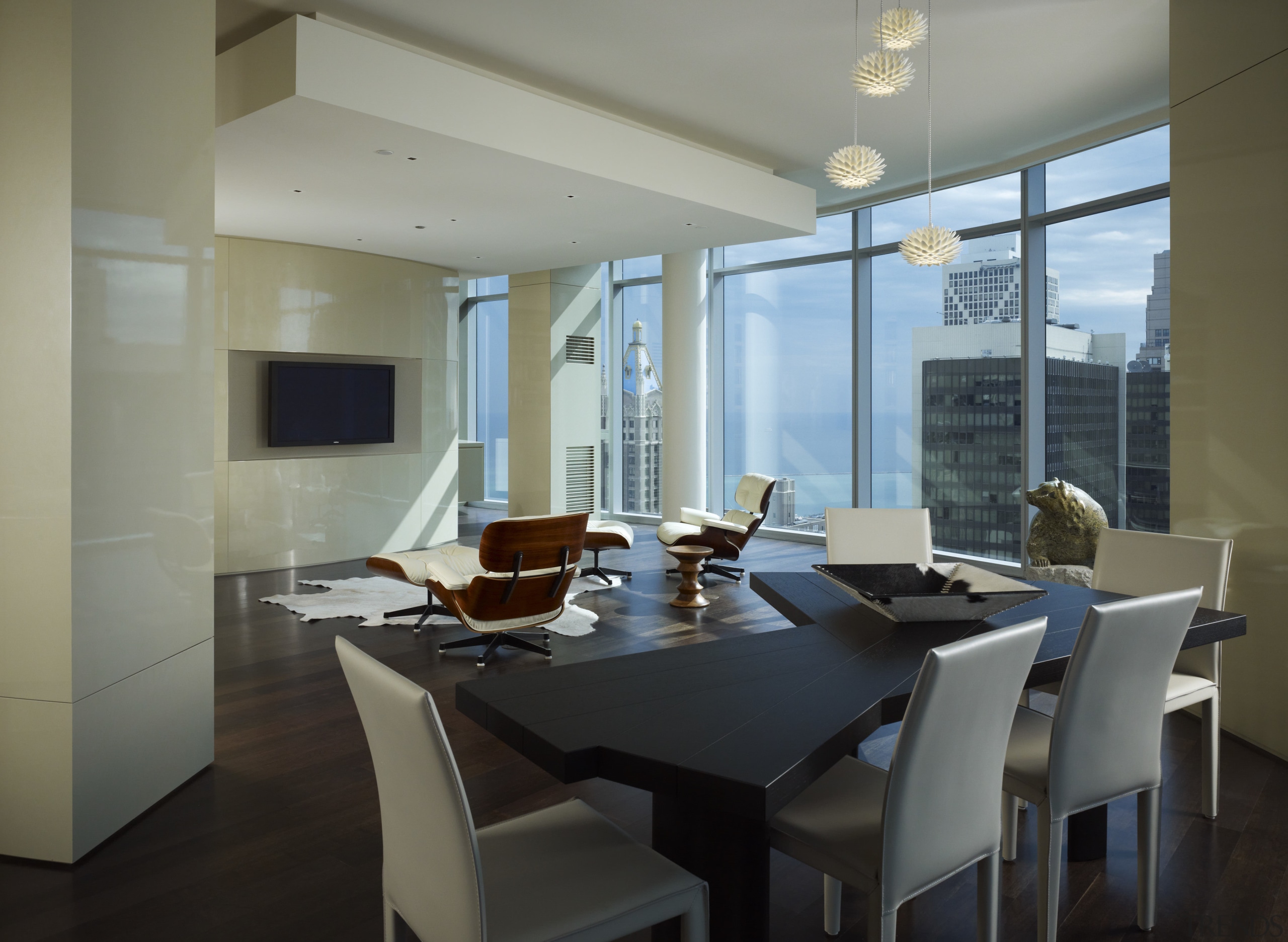 View of the condominium with warm chocolate hickory apartment, architecture, ceiling, dining room, interior design, property, real estate, room, table, window, gray, black