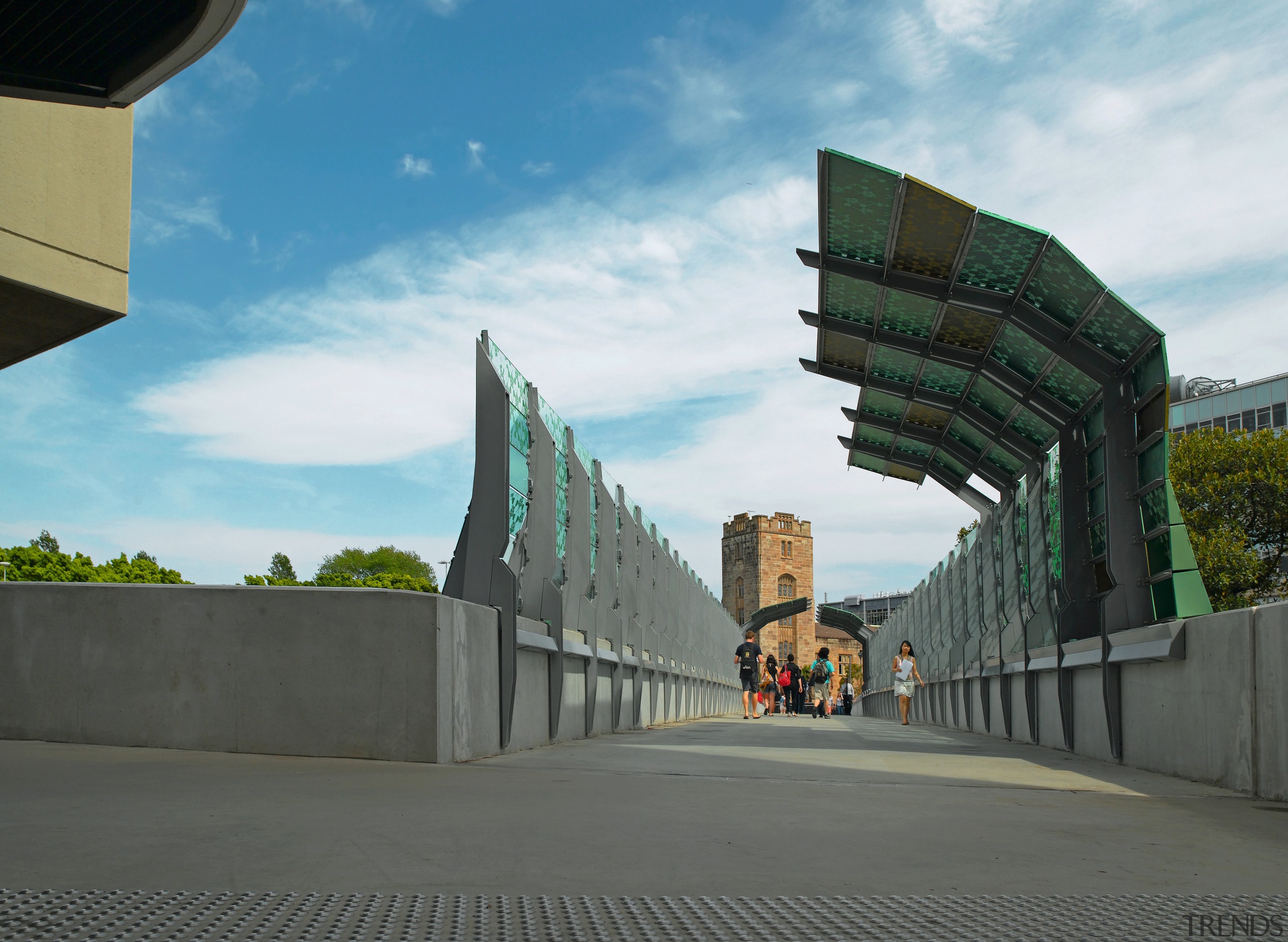 view of the Sydney University's City Road pedestrian architecture, building, fixed link, infrastructure, landmark, metropolitan area, road, sky, structure, gray