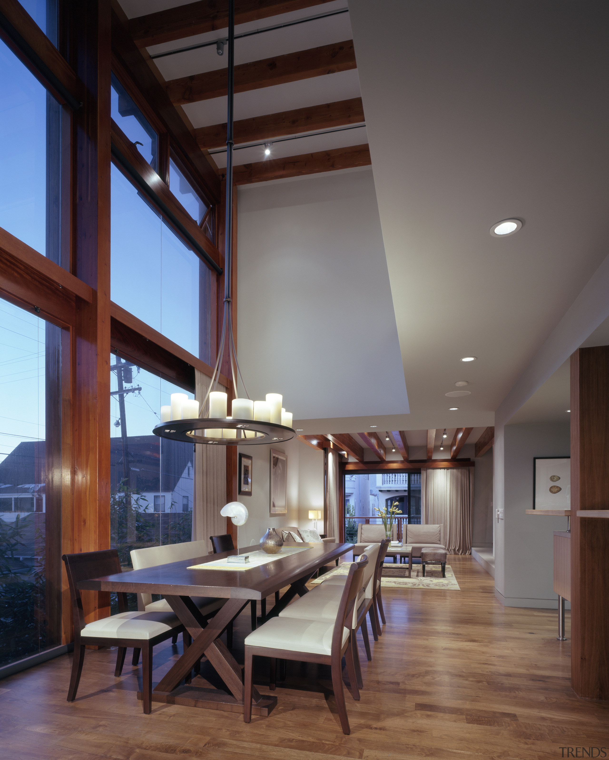 Double-height windows in the dining and kitchen area architecture, ceiling, daylighting, home, house, interior design, wood, gray