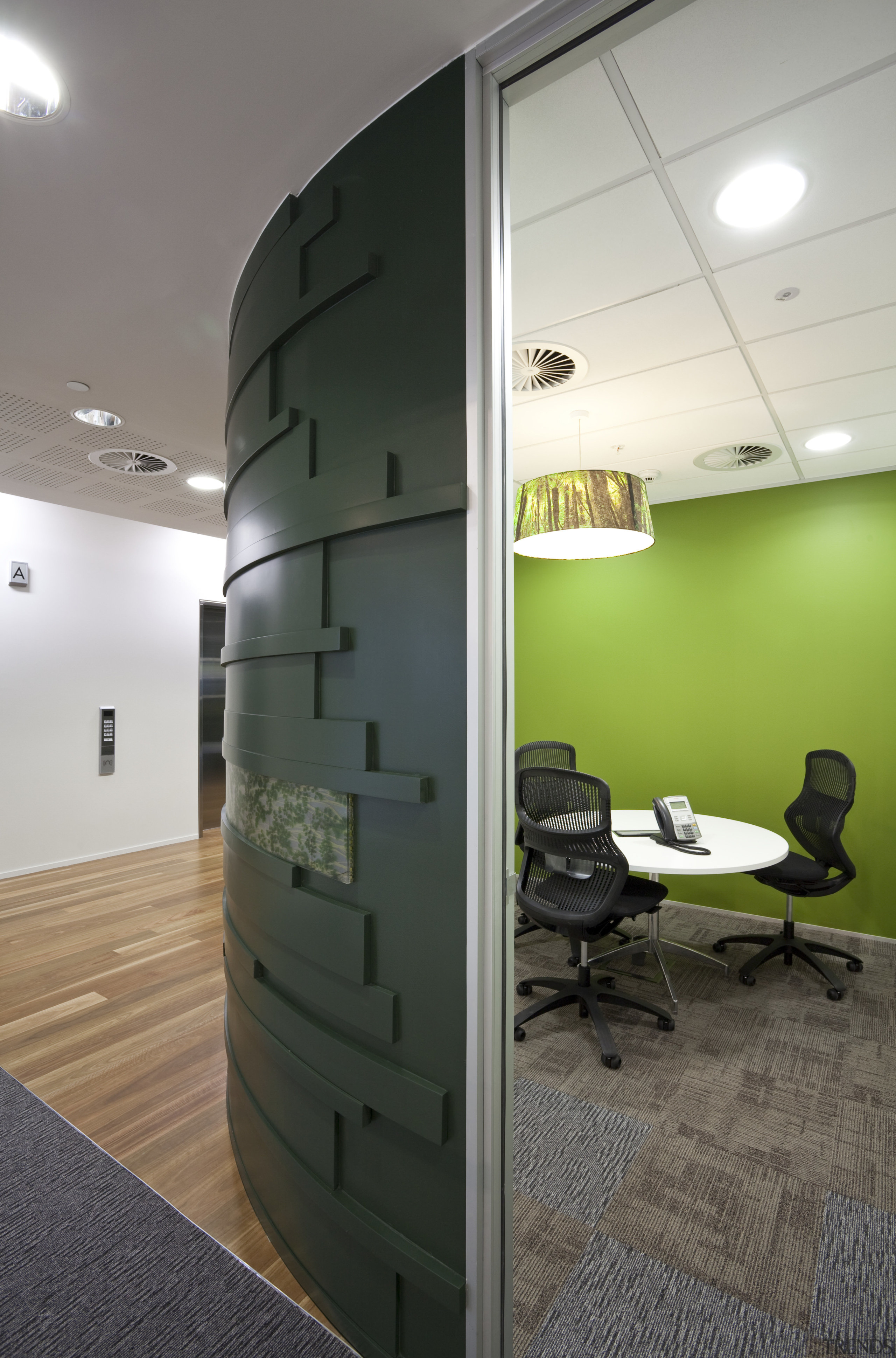 View of the Westpac head office at the architecture, ceiling, floor, furniture, glass, interior design, office, product design, wall, gray, black