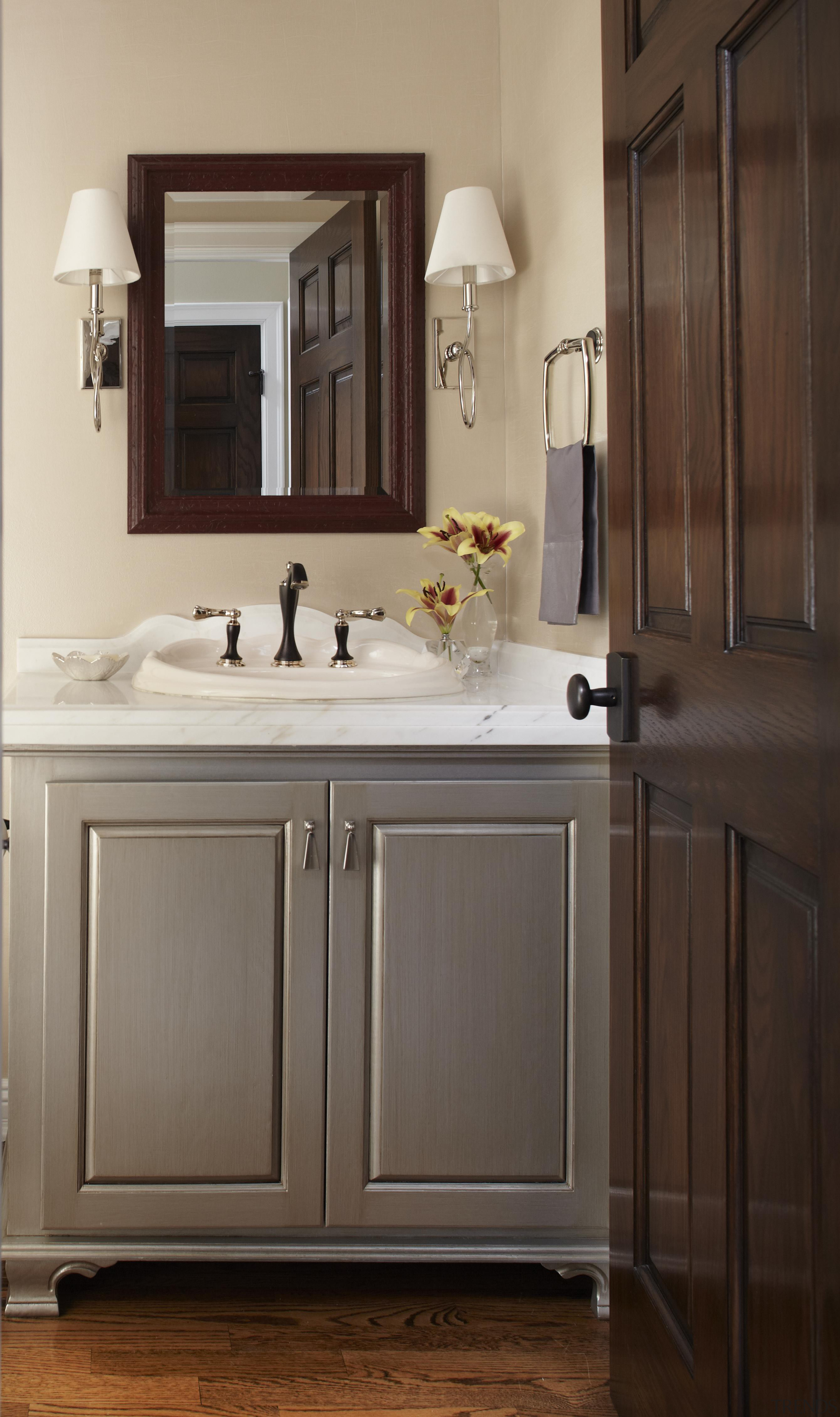 Entire Home Remodel - Powder Room - bathroom bathroom, bathroom accessory, bathroom cabinet, cabinetry, countertop, cuisine classique, floor, furniture, hardwood, home, interior design, kitchen, room, sink, gray, black