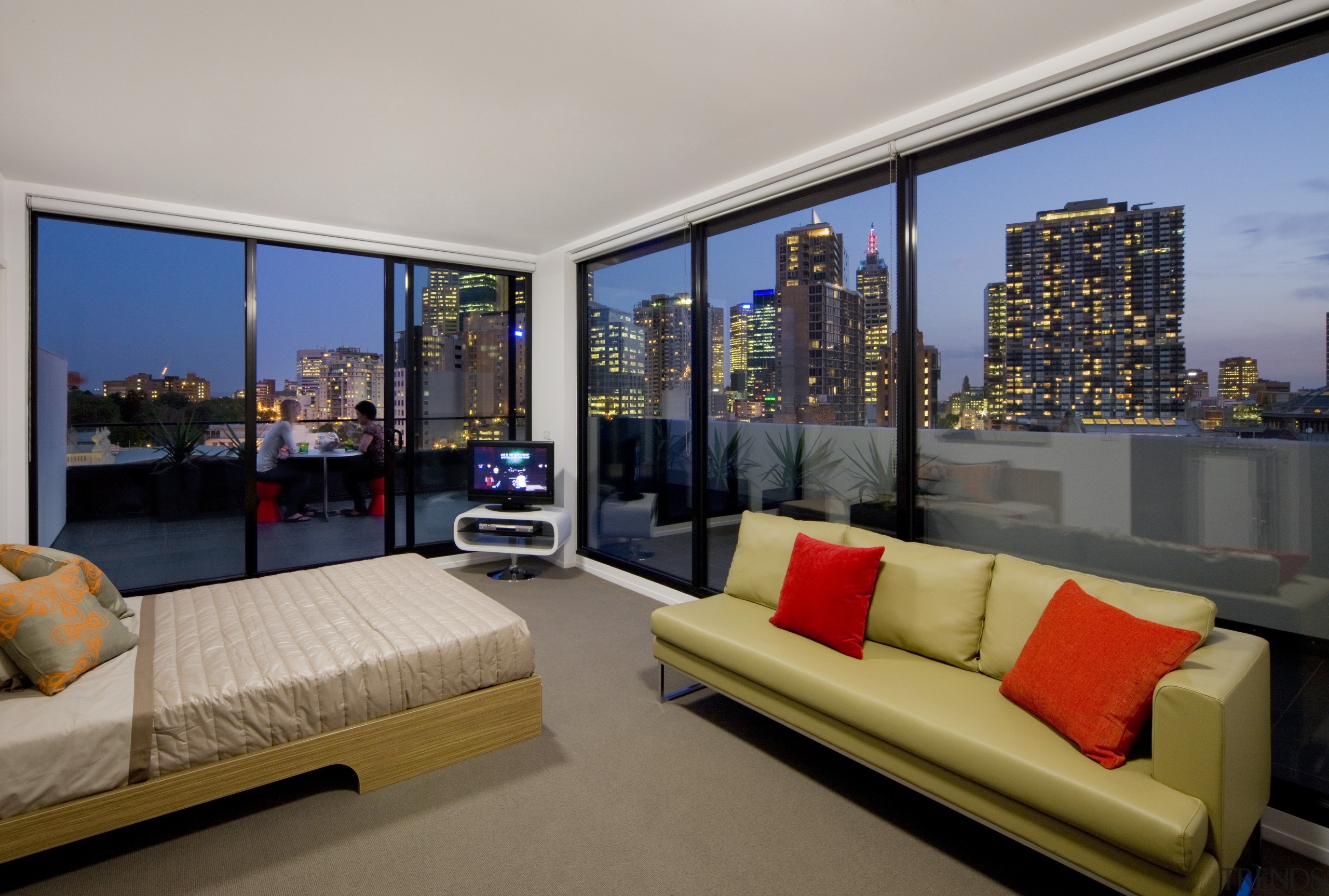 View of student apartment bedroom with custom-made furniture, apartment, condominium, home, interior design, living room, penthouse apartment, property, real estate, window, gray