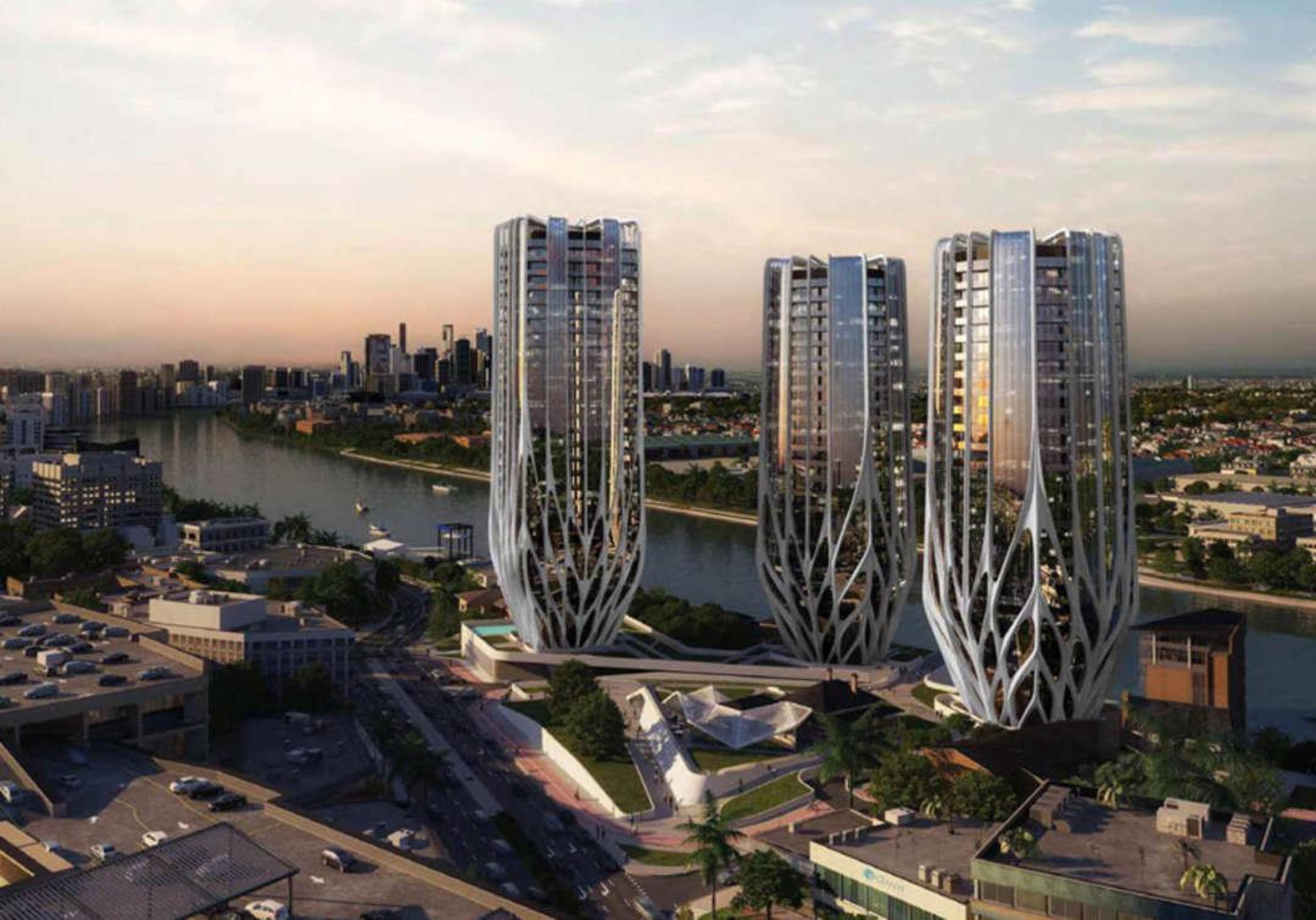 ‘Grace on Coronation’ is a design by British-Iraqi bird's eye view, building, city, cityscape, condominium, marina, metropolis, metropolitan area, mixed use, residential area, sky, skyline, skyscraper, tower block, urban area, urban design, black, white