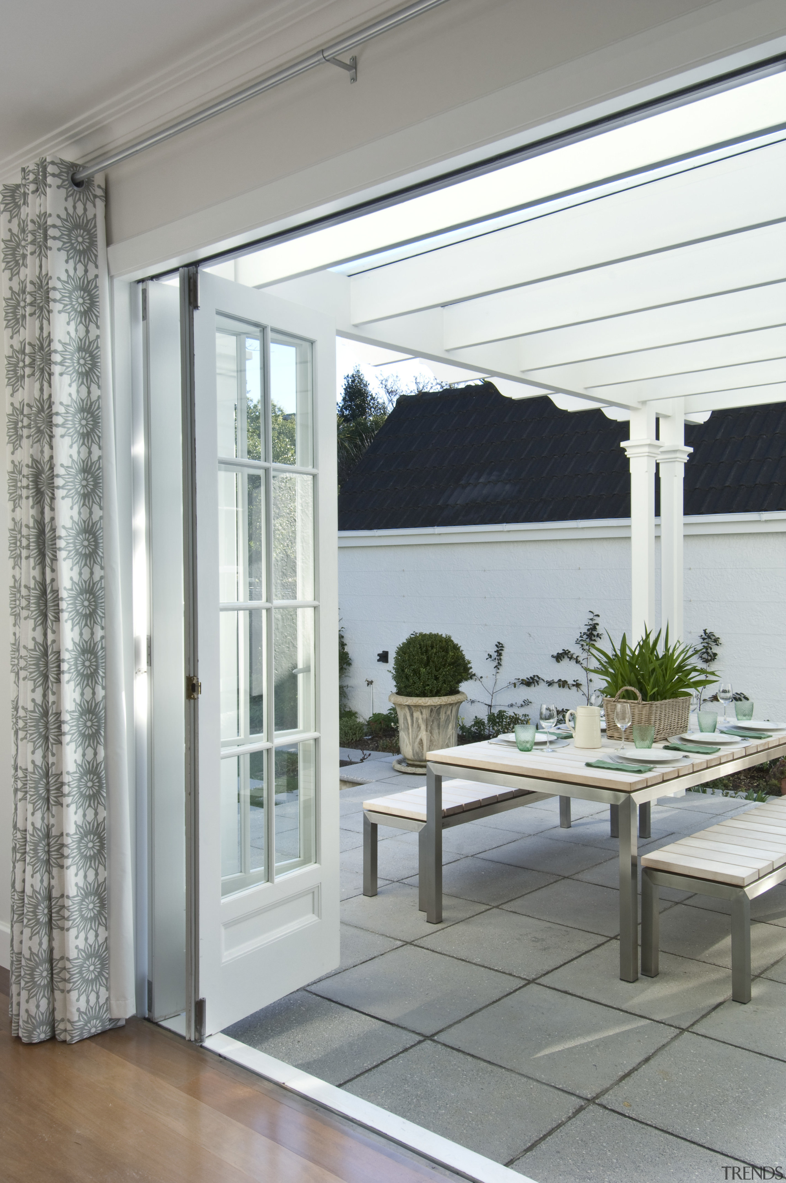 View of the extension to this 1930s home daylighting, door, glass, home, interior design, shade, window, window covering, window treatment, gray