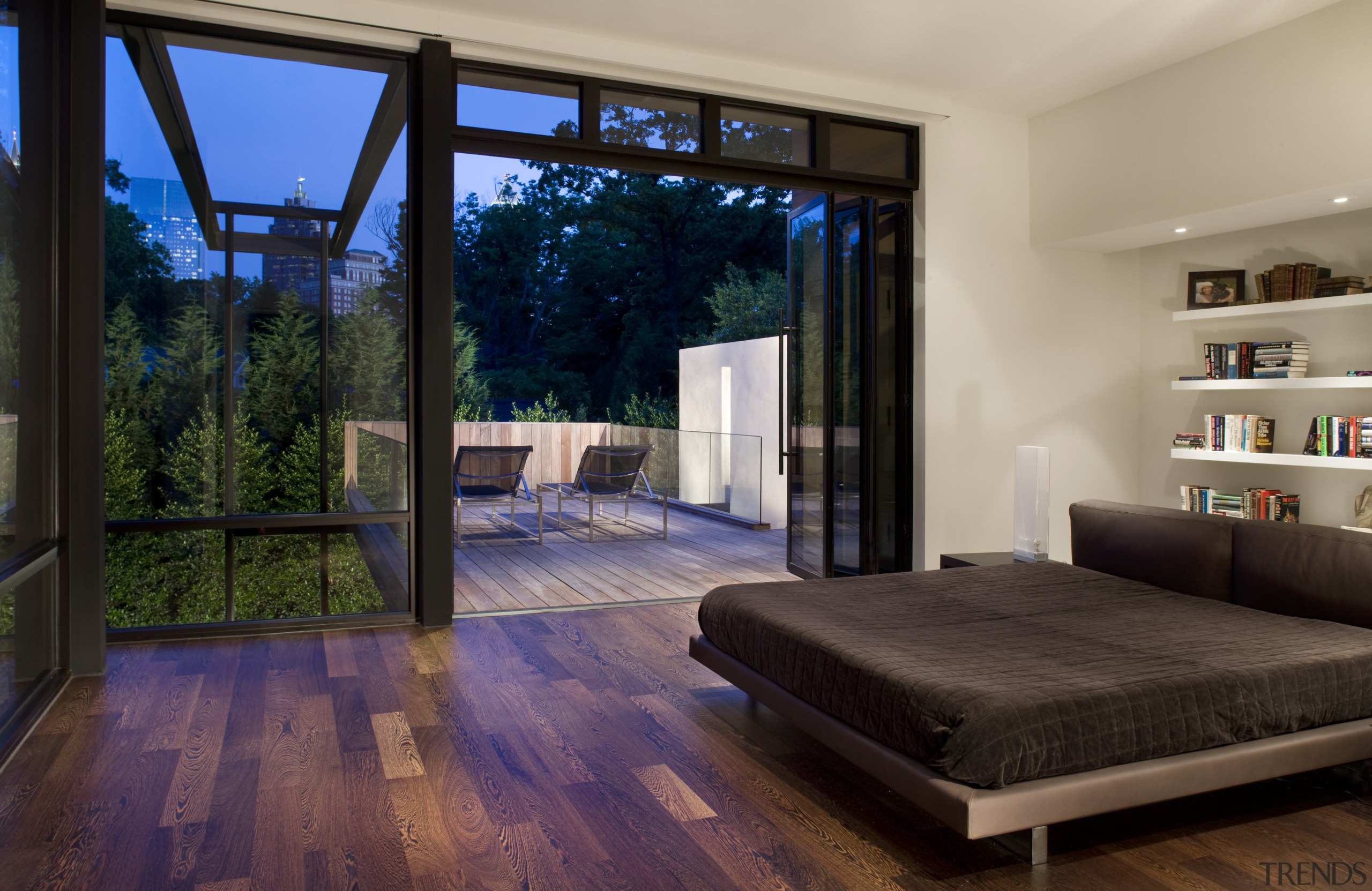 View of bedroom featuring wood flooring, Benjamin Moore architecture, ceiling, estate, floor, home, house, interior design, living room, property, real estate, room, wall, window, black