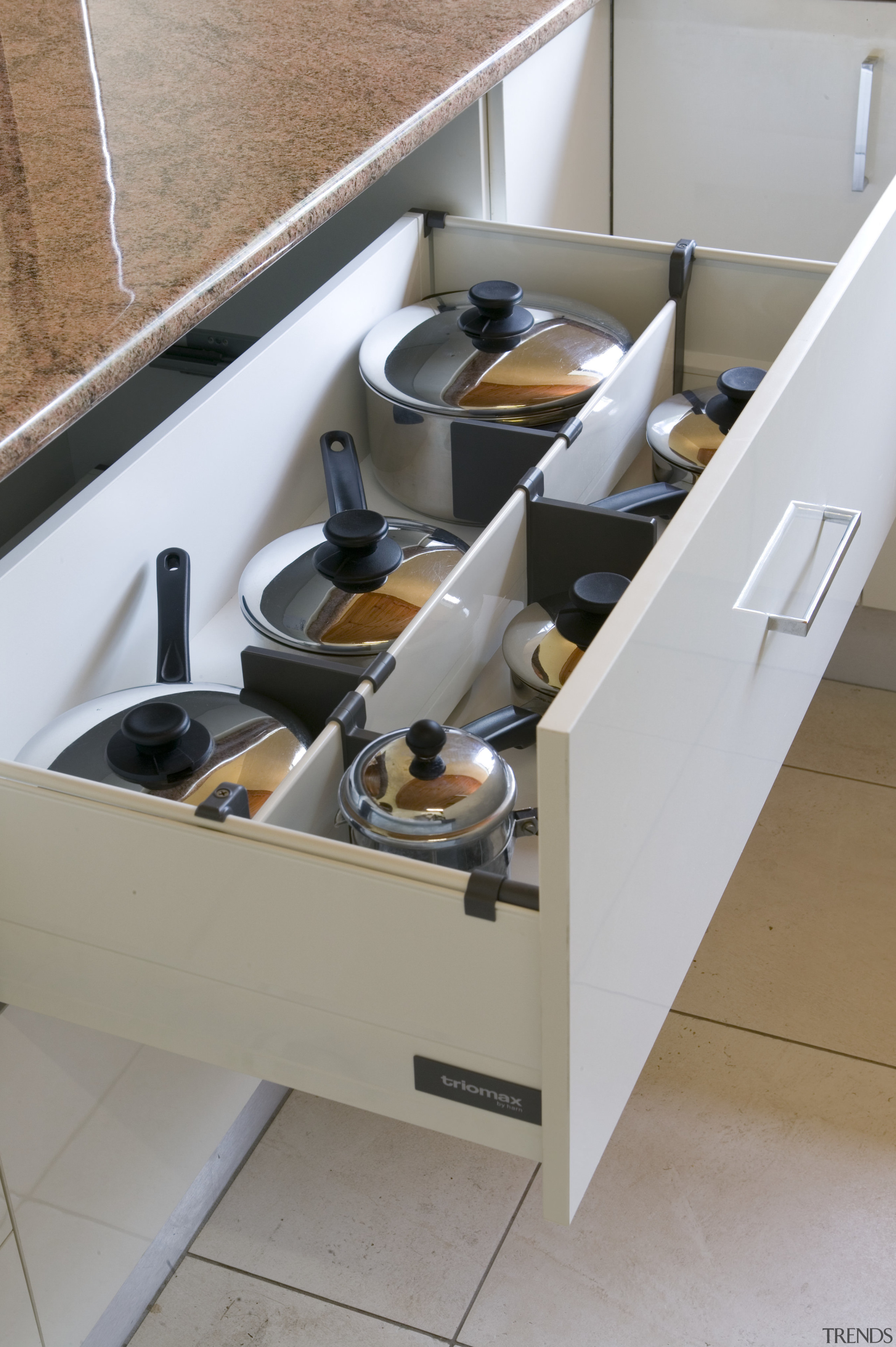 A view of a drawer system by Harn countertop, drawer, furniture, kitchen, sink, table, tap, gray